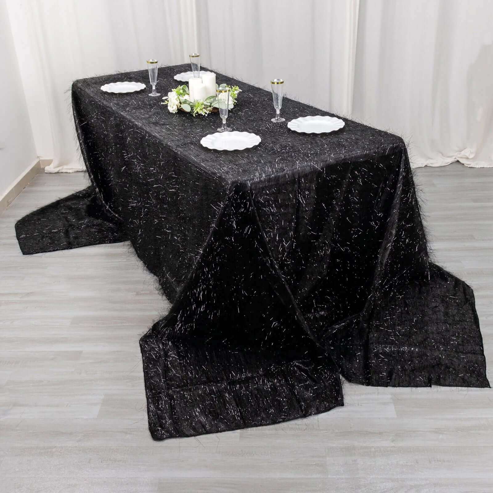 Polyester 90"x156" Rectangle Tablecloth Black Metallic Fringe Shag Tinsel Table Cover - Bell Racket Store