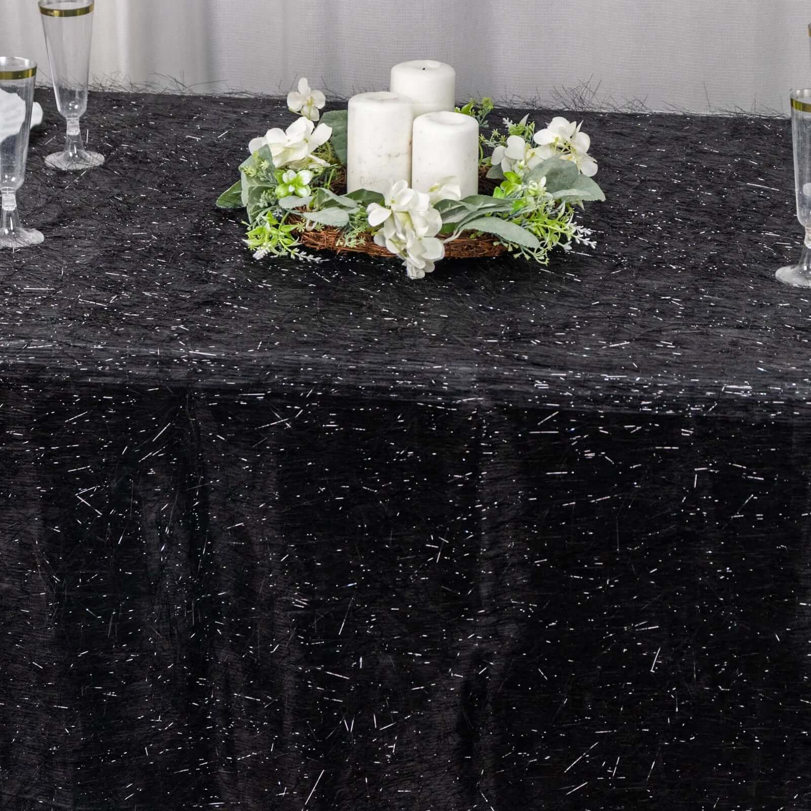 Polyester 90"x156" Rectangle Tablecloth Black Metallic Fringe Shag Tinsel Table Cover - Bell Racket Store