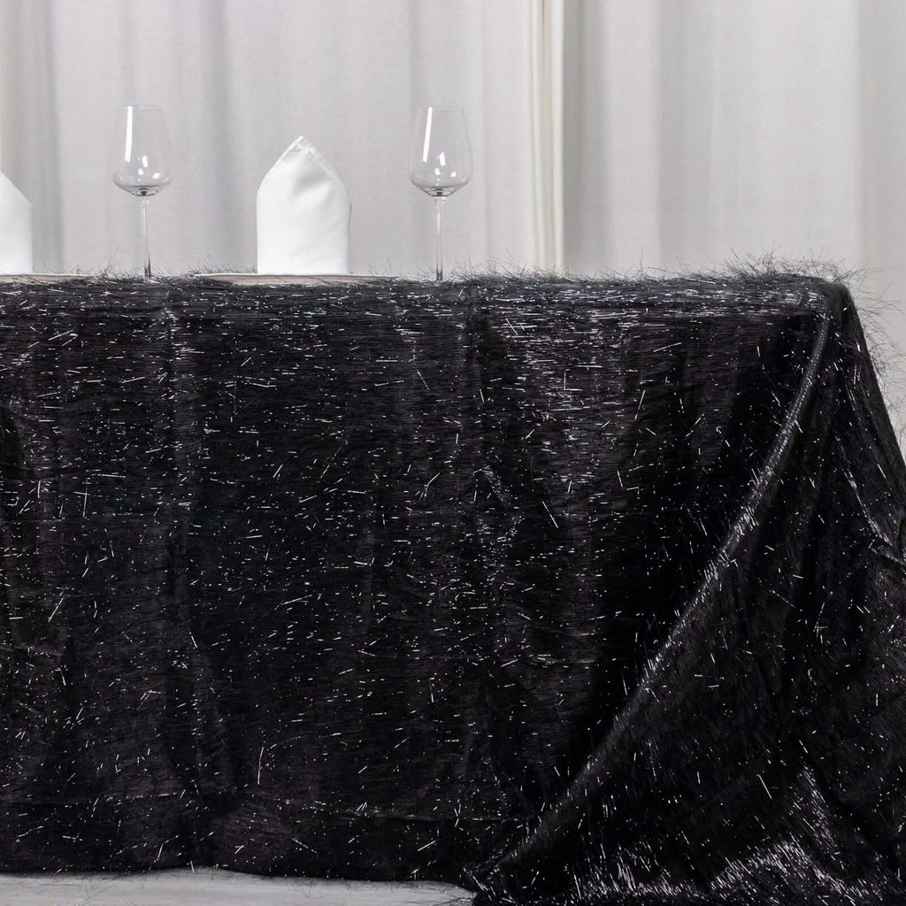 Polyester 90"x156" Rectangle Tablecloth Black Metallic Fringe Shag Tinsel Table Cover - Bell Racket Store
