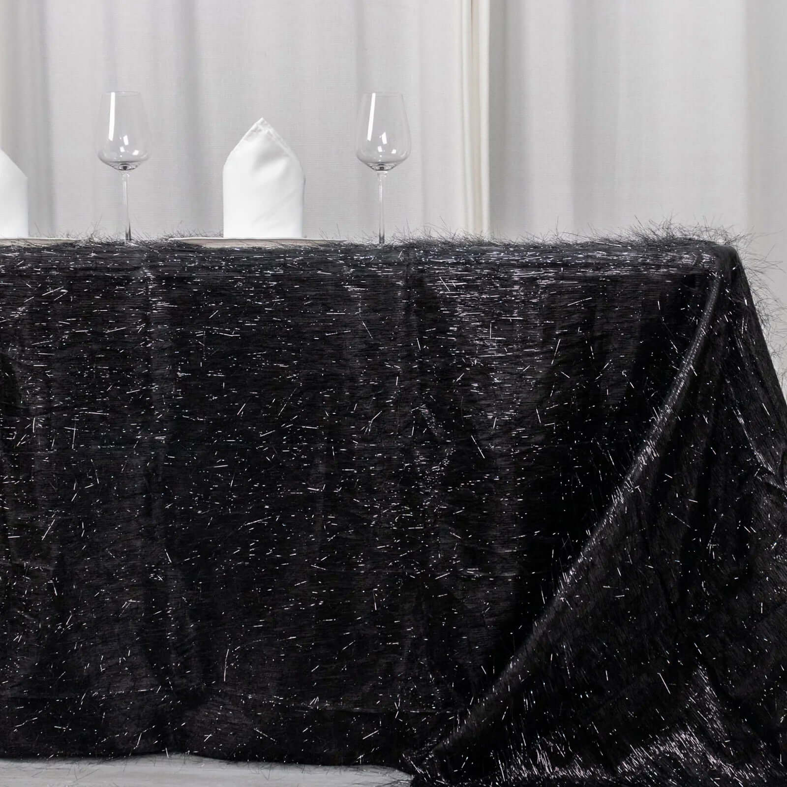 Polyester 90"x156" Rectangle Tablecloth Black Metallic Fringe Shag Tinsel Table Cover - Bell Racket Store