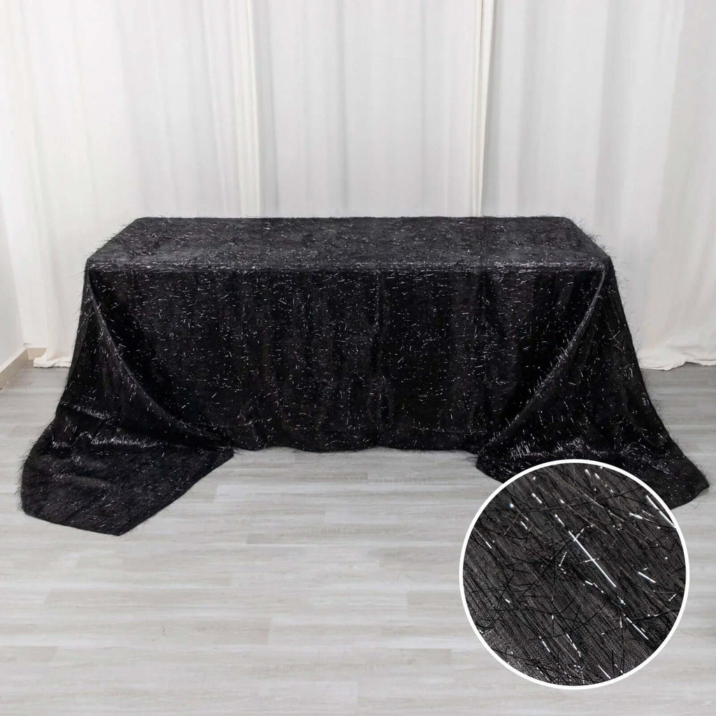 Polyester 90"x156" Rectangle Tablecloth Black Metallic Fringe Shag Tinsel Table Cover - Bell Racket Store