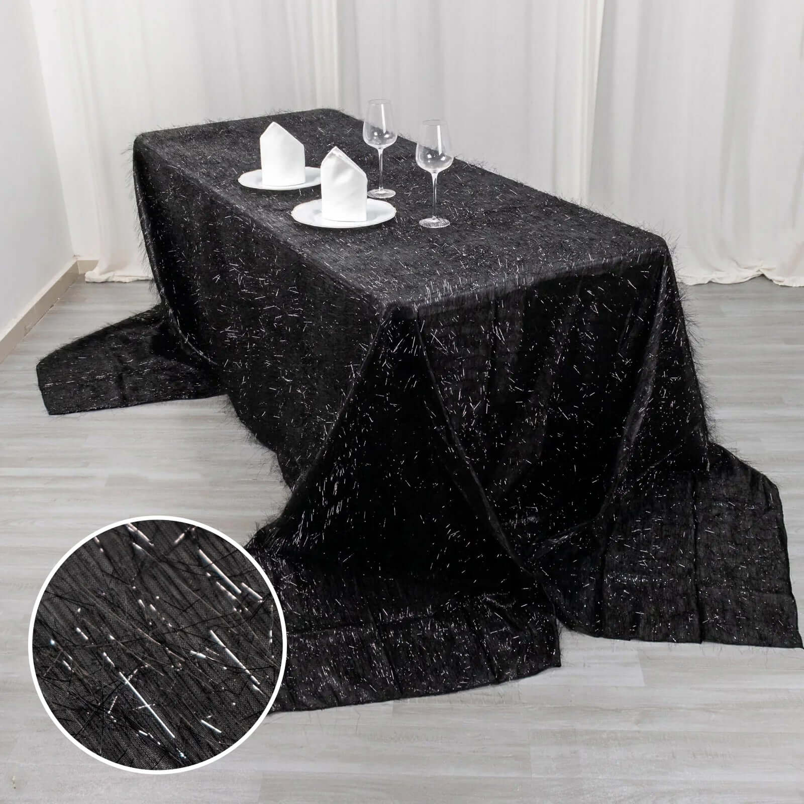 Polyester 90"x156" Rectangle Tablecloth Black Metallic Fringe Shag Tinsel Table Cover - Bell Racket Store