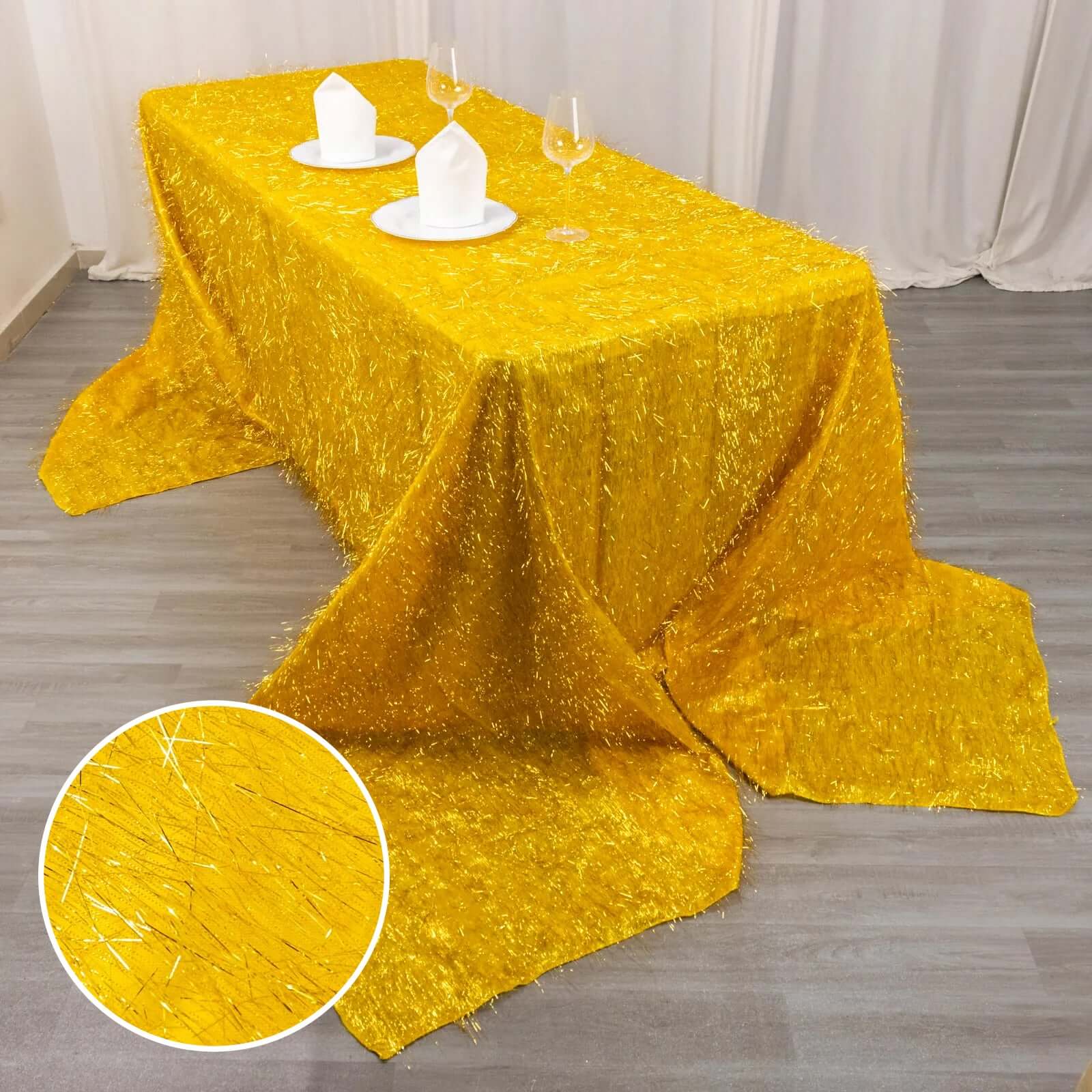 Polyester 90"x156" Rectangle Tablecloth Gold Metallic Fringe Shag Tinsel Design Table Cover for Events Decor - Bell Racket Store