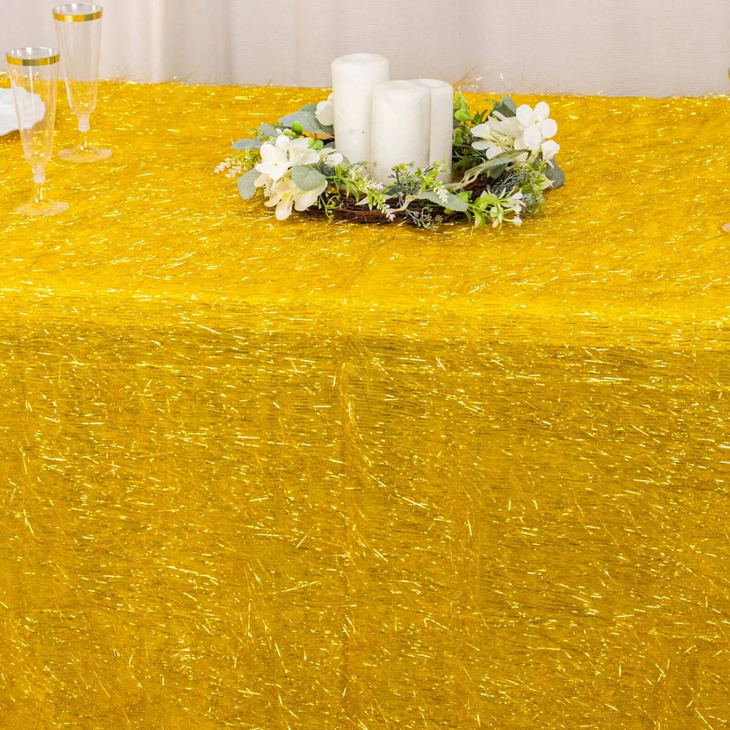 Polyester 90"x156" Rectangle Tablecloth Gold Metallic Fringe Shag Tinsel Design Table Cover for Events Decor - Bell Racket Store