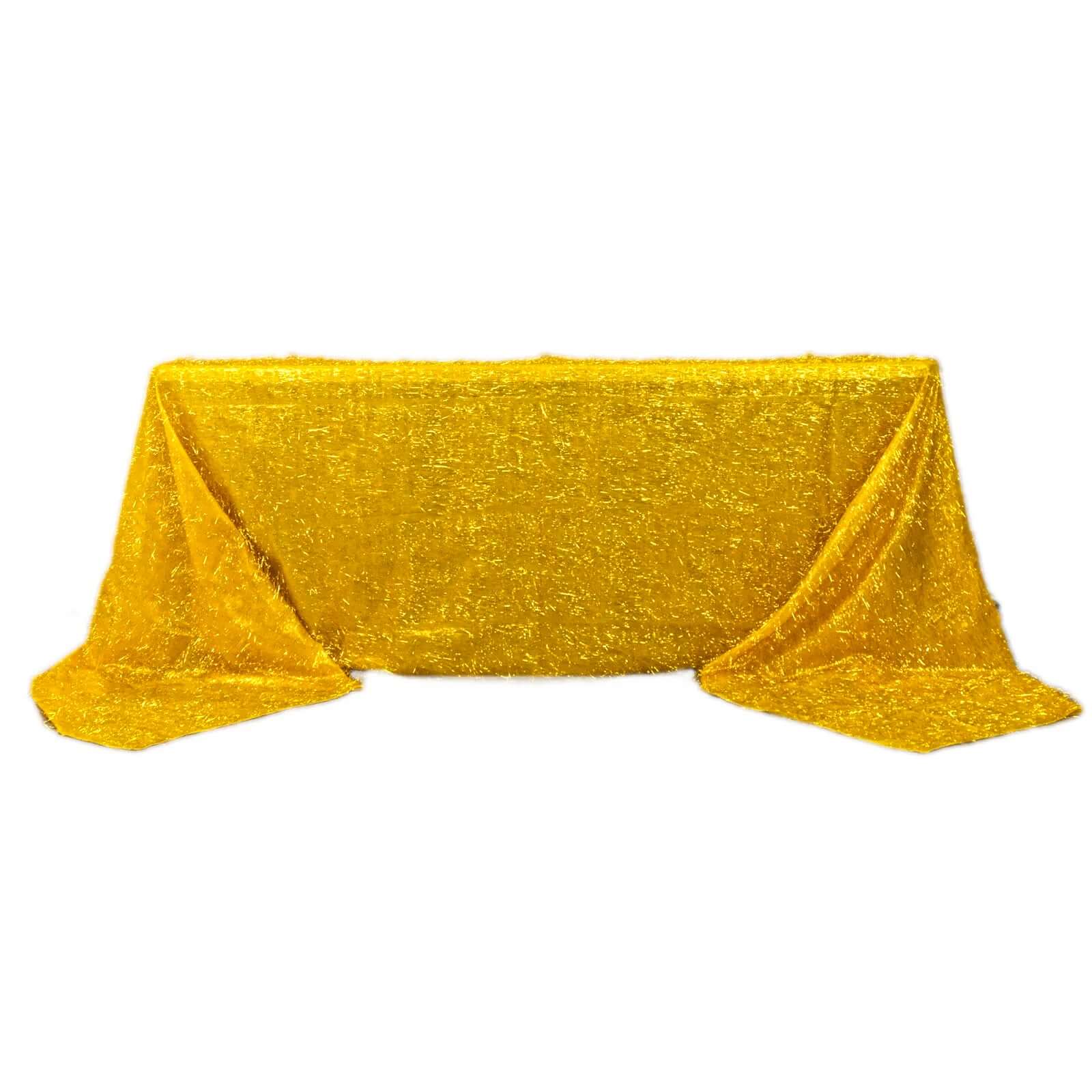 Polyester 90"x156" Rectangle Tablecloth Gold Metallic Fringe Shag Tinsel Design Table Cover for Events Decor - Bell Racket Store