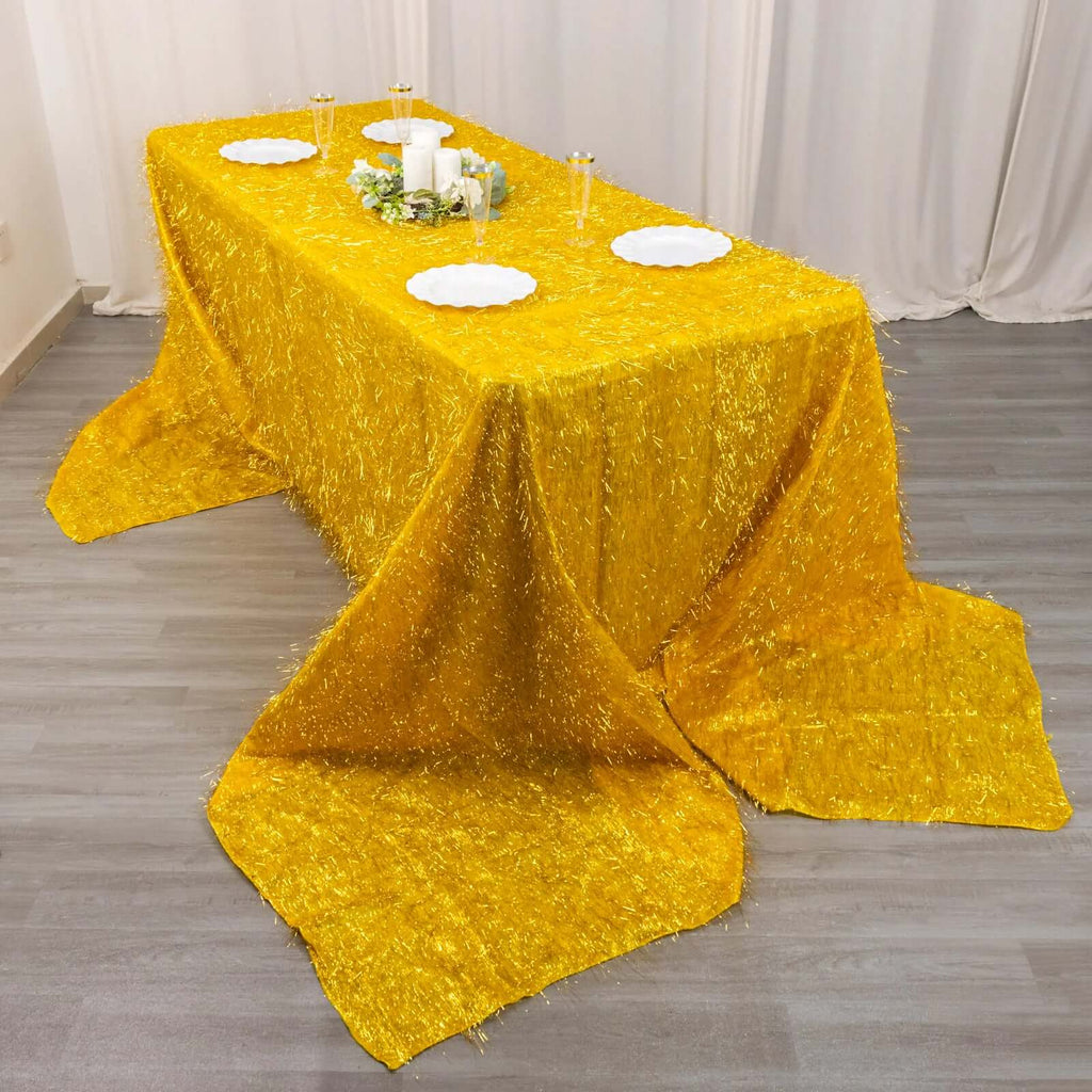 Polyester 90"x156" Rectangle Tablecloth Gold Metallic Fringe Shag Tinsel Design Table Cover for Events Decor - Bell Racket Store