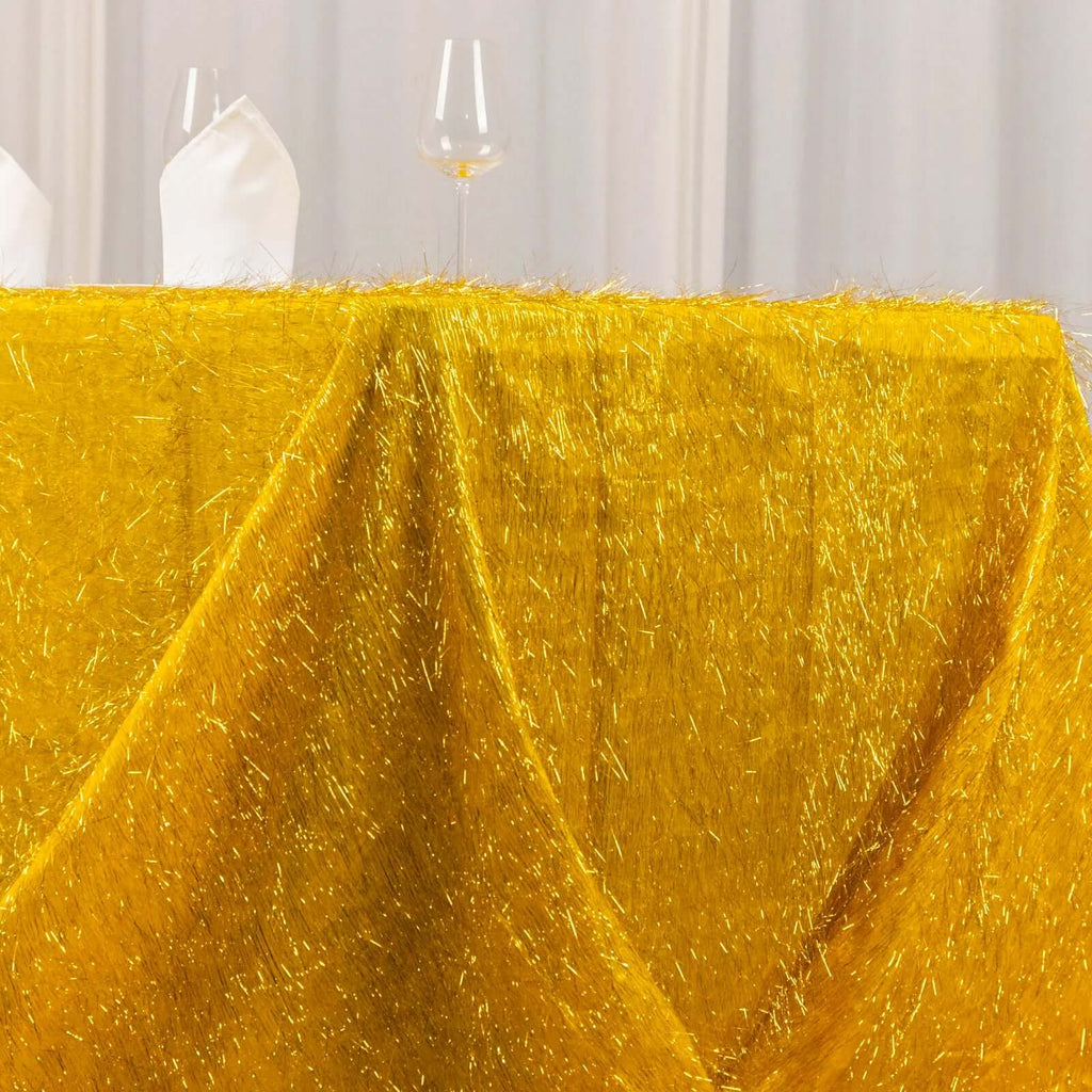 Polyester 90"x156" Rectangle Tablecloth Gold Metallic Fringe Shag Tinsel Design Table Cover for Events Decor - Bell Racket Store