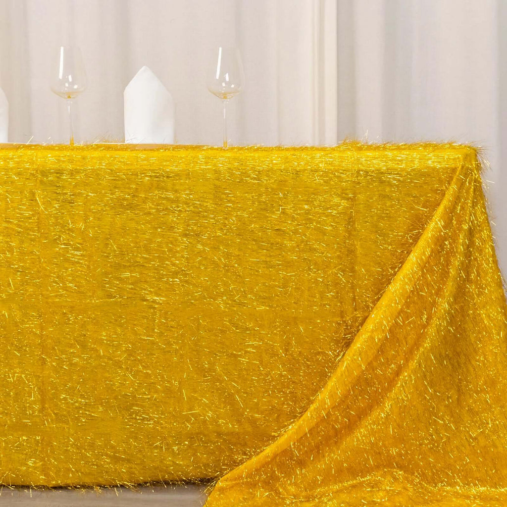 Polyester 90"x156" Rectangle Tablecloth Gold Metallic Fringe Shag Tinsel Design Table Cover for Events Decor - Bell Racket Store