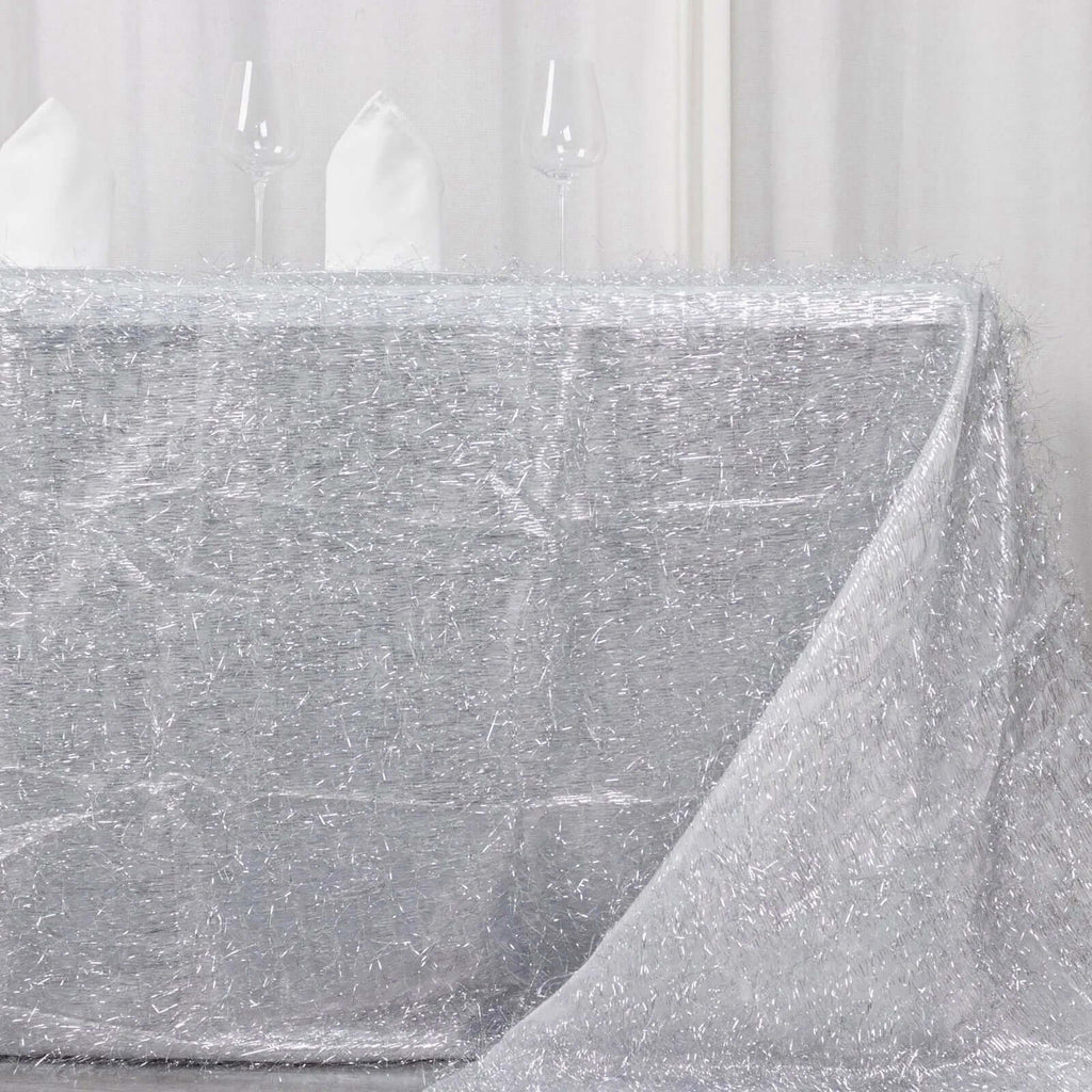 Polyester 90"x156" Rectangle Tablecloth Silver Metallic Fringe Shag Tinsel Table Cover - Bell Racket Store