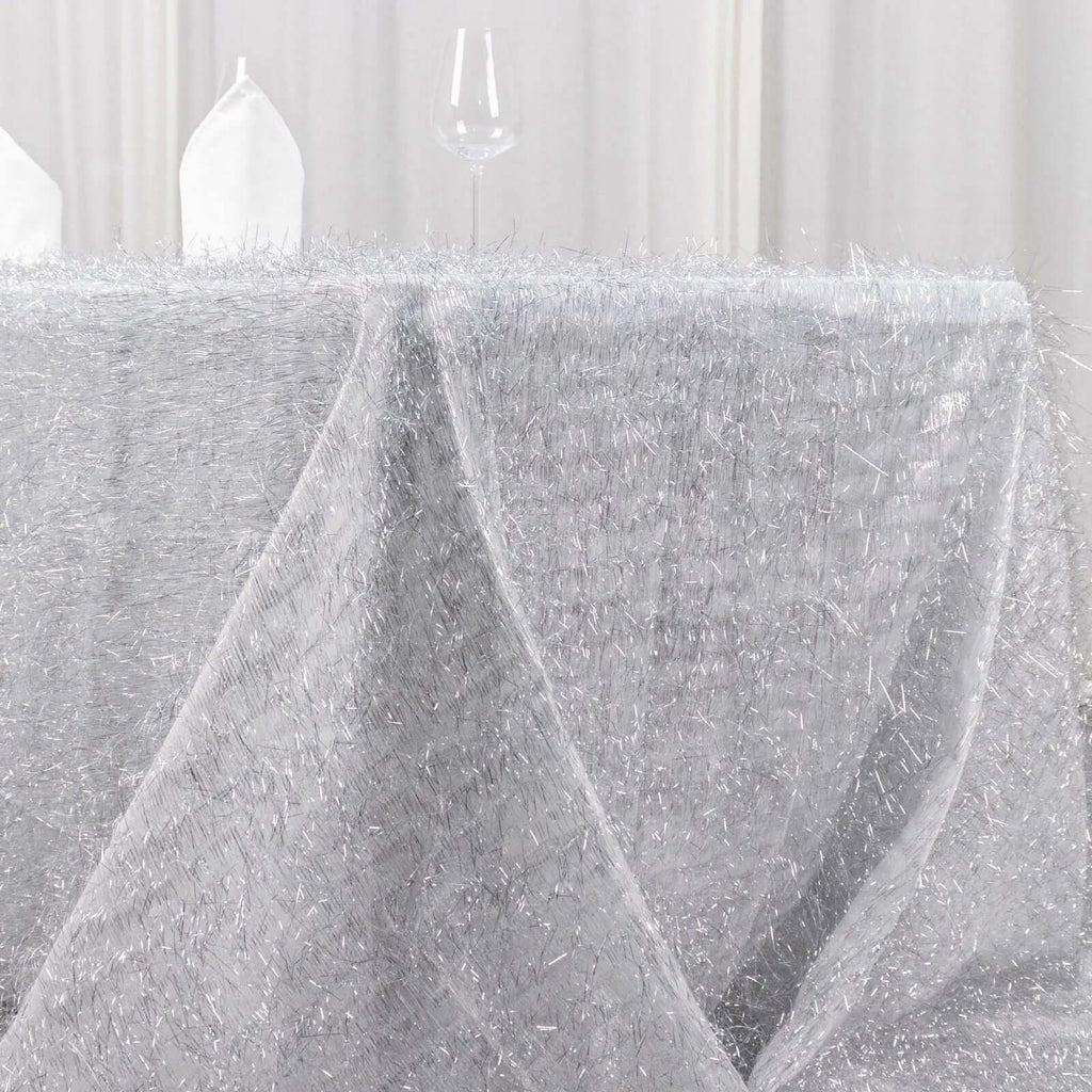 Polyester 90"x156" Rectangle Tablecloth Silver Metallic Fringe Shag Tinsel Table Cover - Bell Racket Store