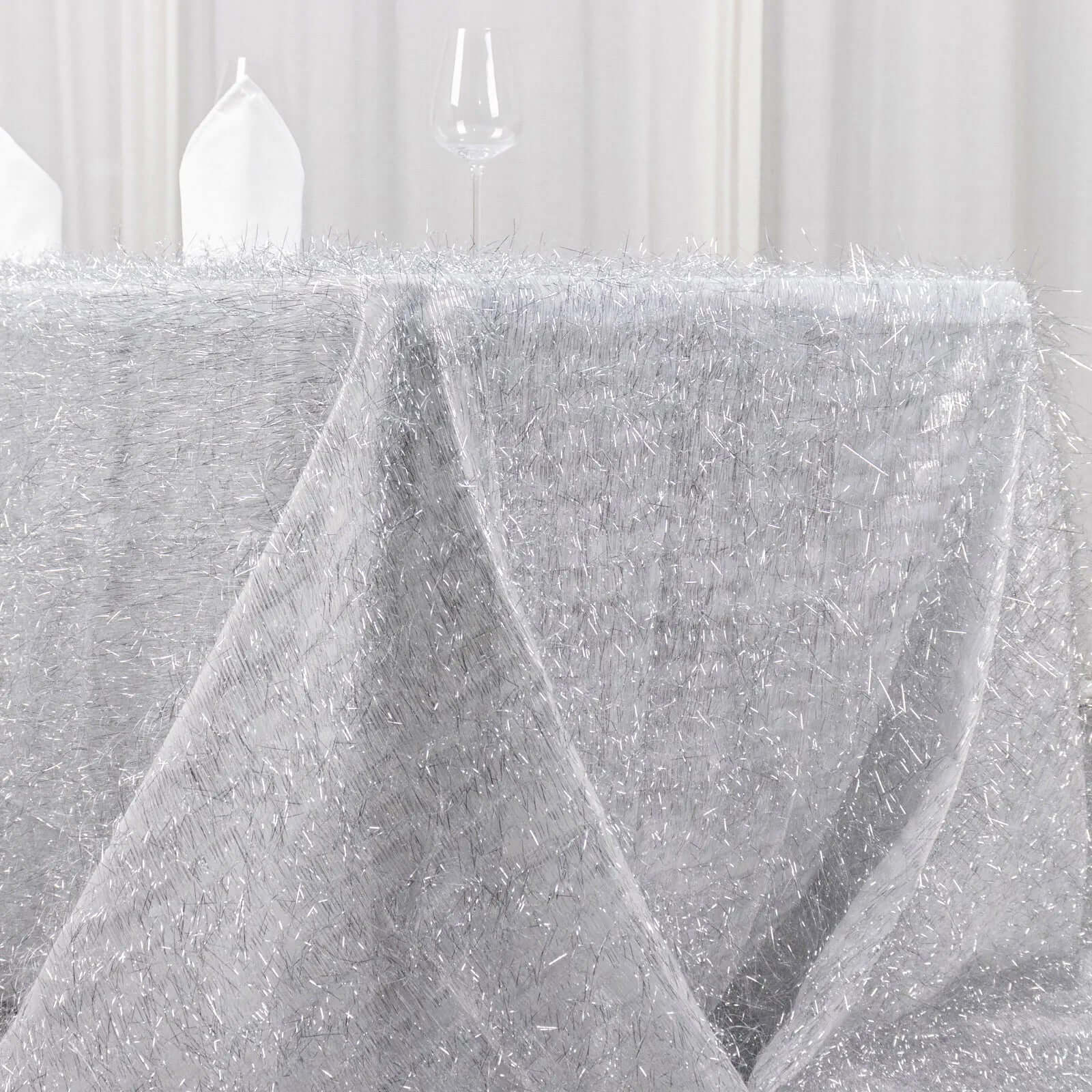 Polyester 90"x156" Rectangle Tablecloth Silver Metallic Fringe Shag Tinsel Table Cover - Bell Racket Store