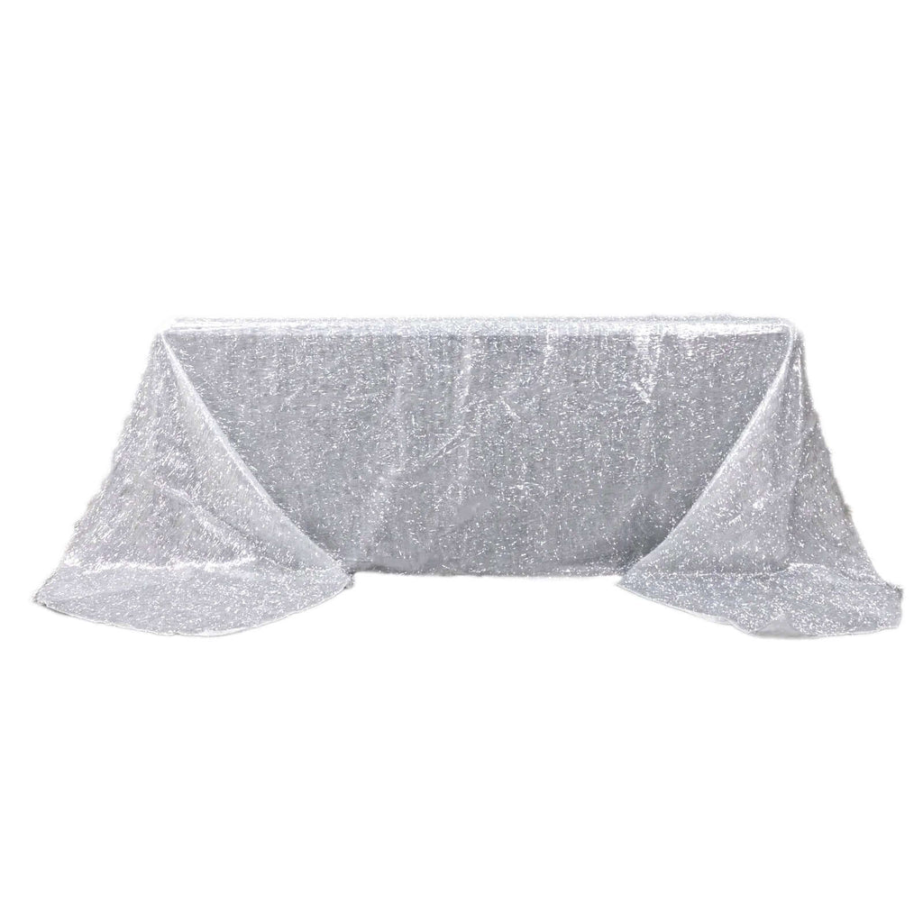 Polyester 90"x156" Rectangle Tablecloth Silver Metallic Fringe Shag Tinsel Table Cover - Bell Racket Store