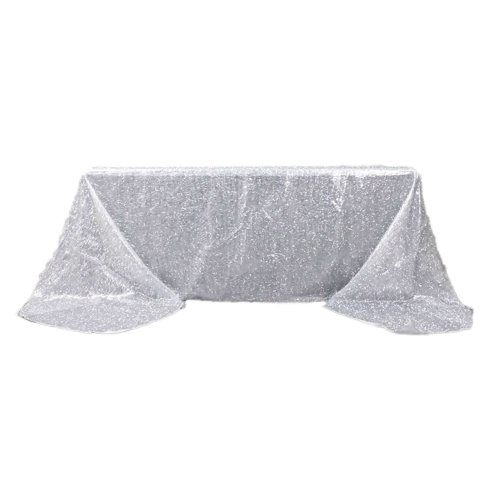 Polyester 90"x156" Rectangle Tablecloth Silver Metallic Fringe Shag Tinsel Table Cover - Bell Racket Store