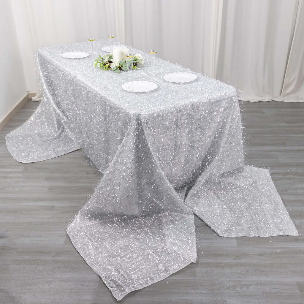 Polyester 90"x156" Rectangle Tablecloth Silver Metallic Fringe Shag Tinsel Table Cover - Bell Racket Store