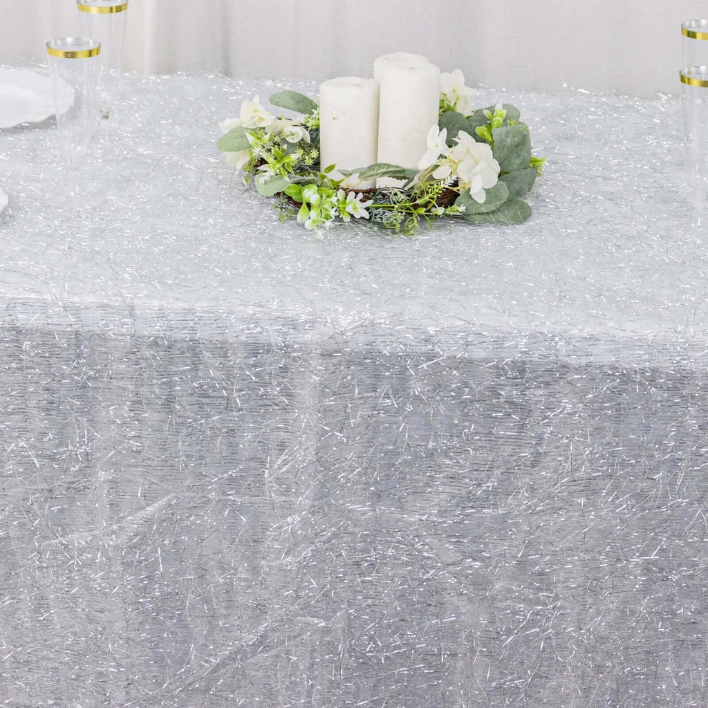 Polyester 90"x156" Rectangle Tablecloth Silver Metallic Fringe Shag Tinsel Table Cover - Bell Racket Store