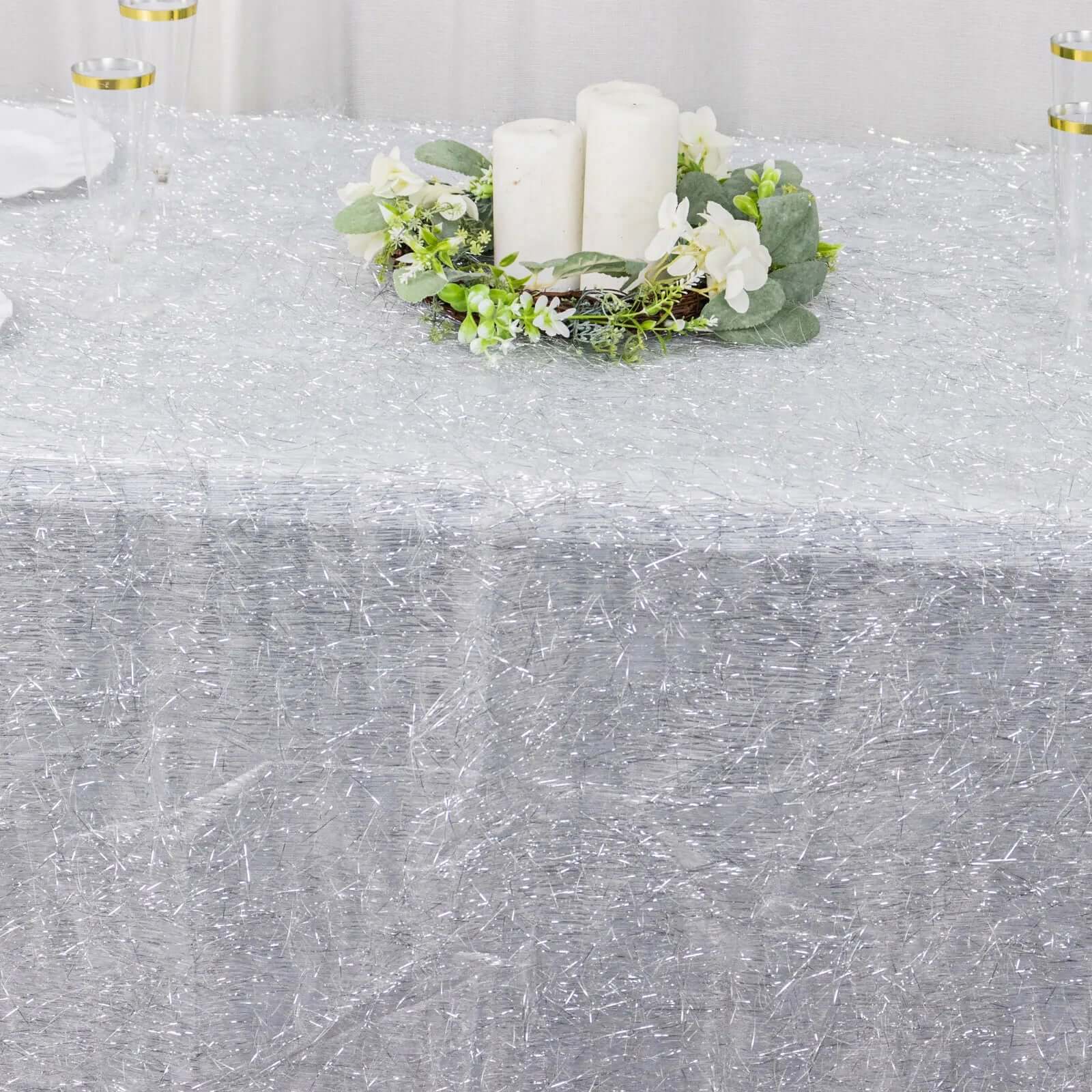 Polyester 90"x156" Rectangle Tablecloth Silver Metallic Fringe Shag Tinsel Table Cover - Bell Racket Store