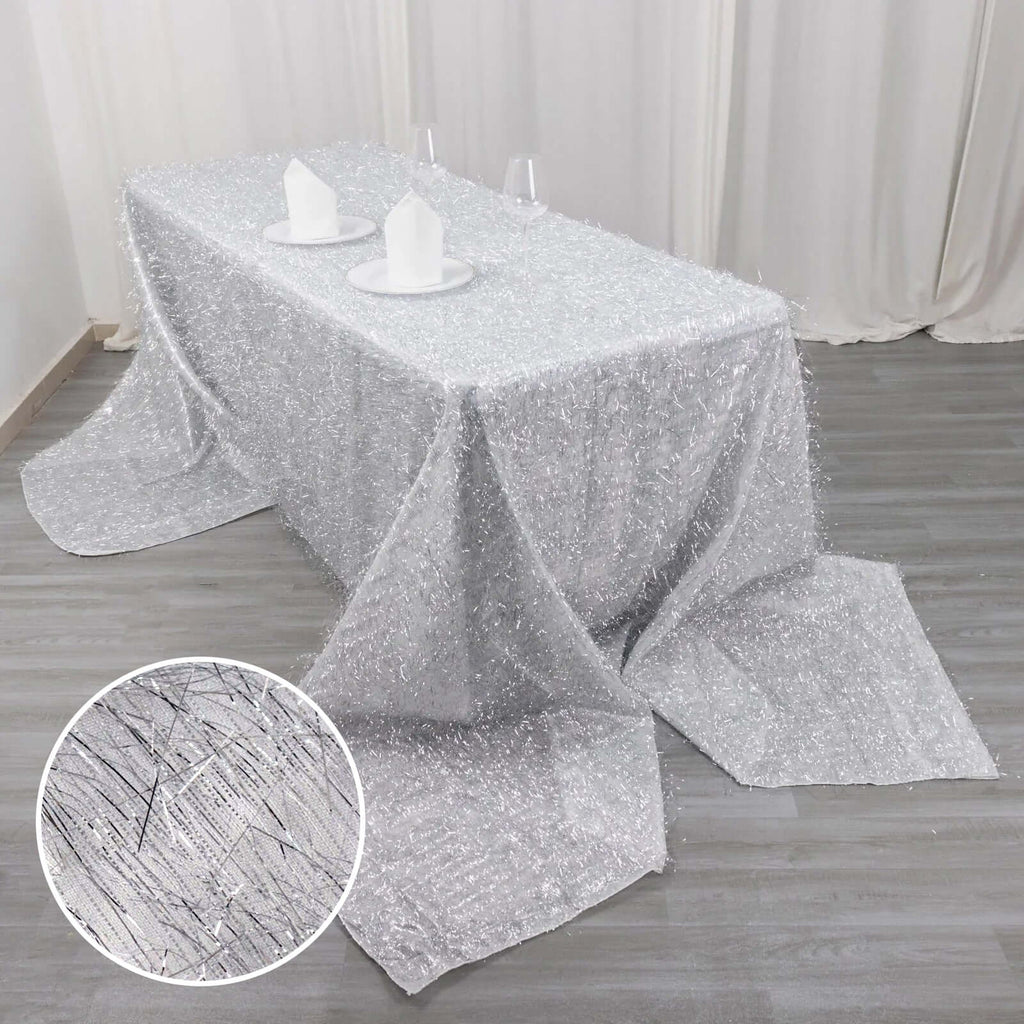 Polyester 90"x156" Rectangle Tablecloth Silver Metallic Fringe Shag Tinsel Table Cover - Bell Racket Store