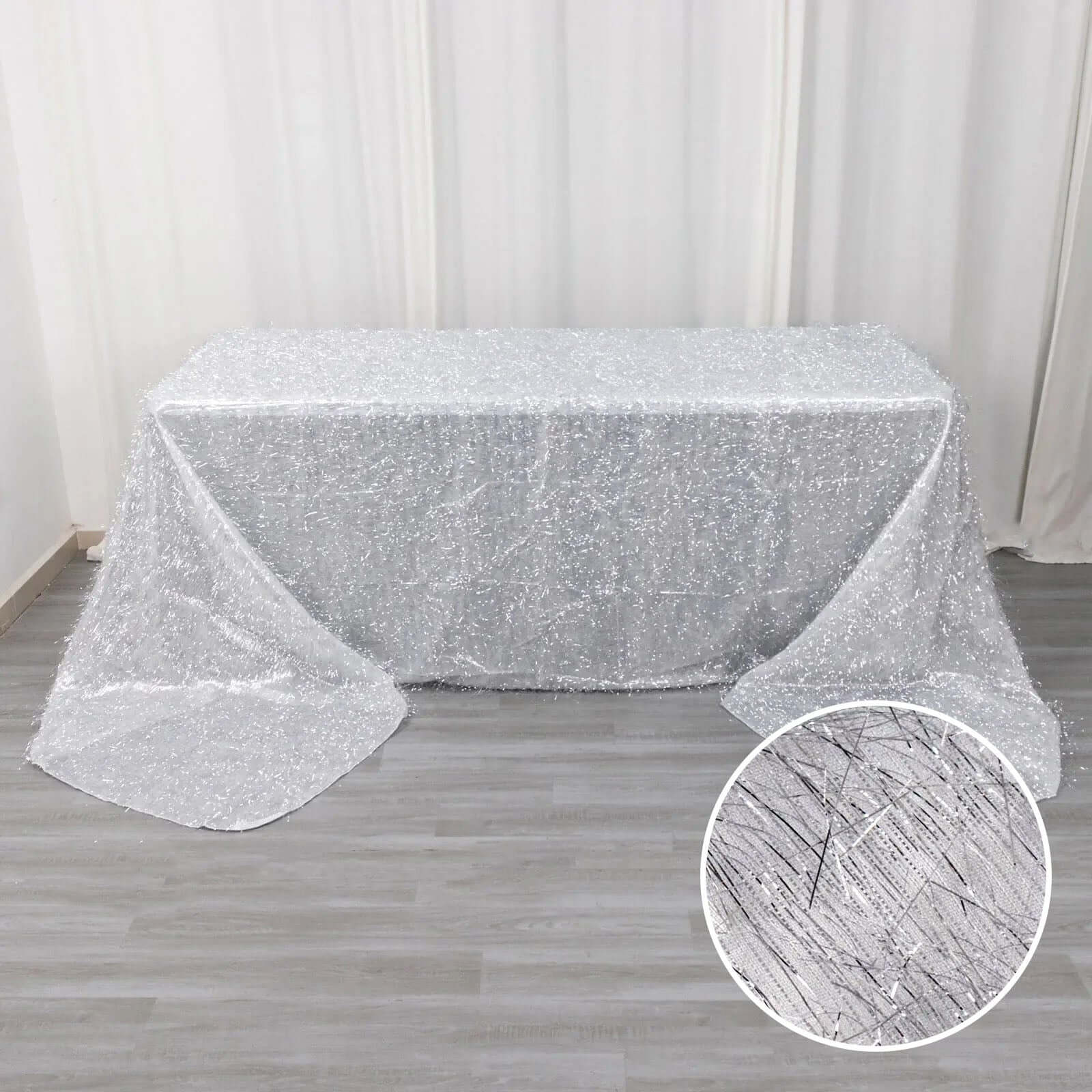 Polyester 90"x156" Rectangle Tablecloth Silver Metallic Fringe Shag Tinsel Table Cover - Bell Racket Store