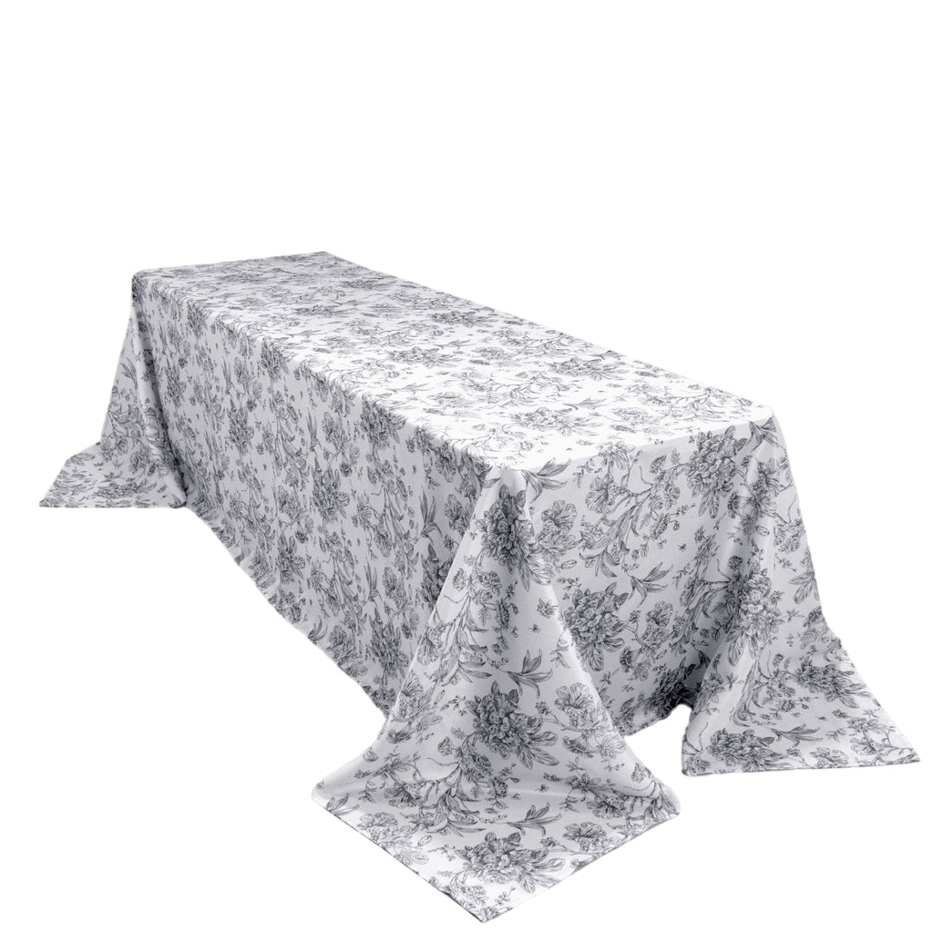 Polyester 90"x156" Rectangle Tablecloth White - Seamless Black French Toile Pattern for Grand Occasions - Bell Racket Store