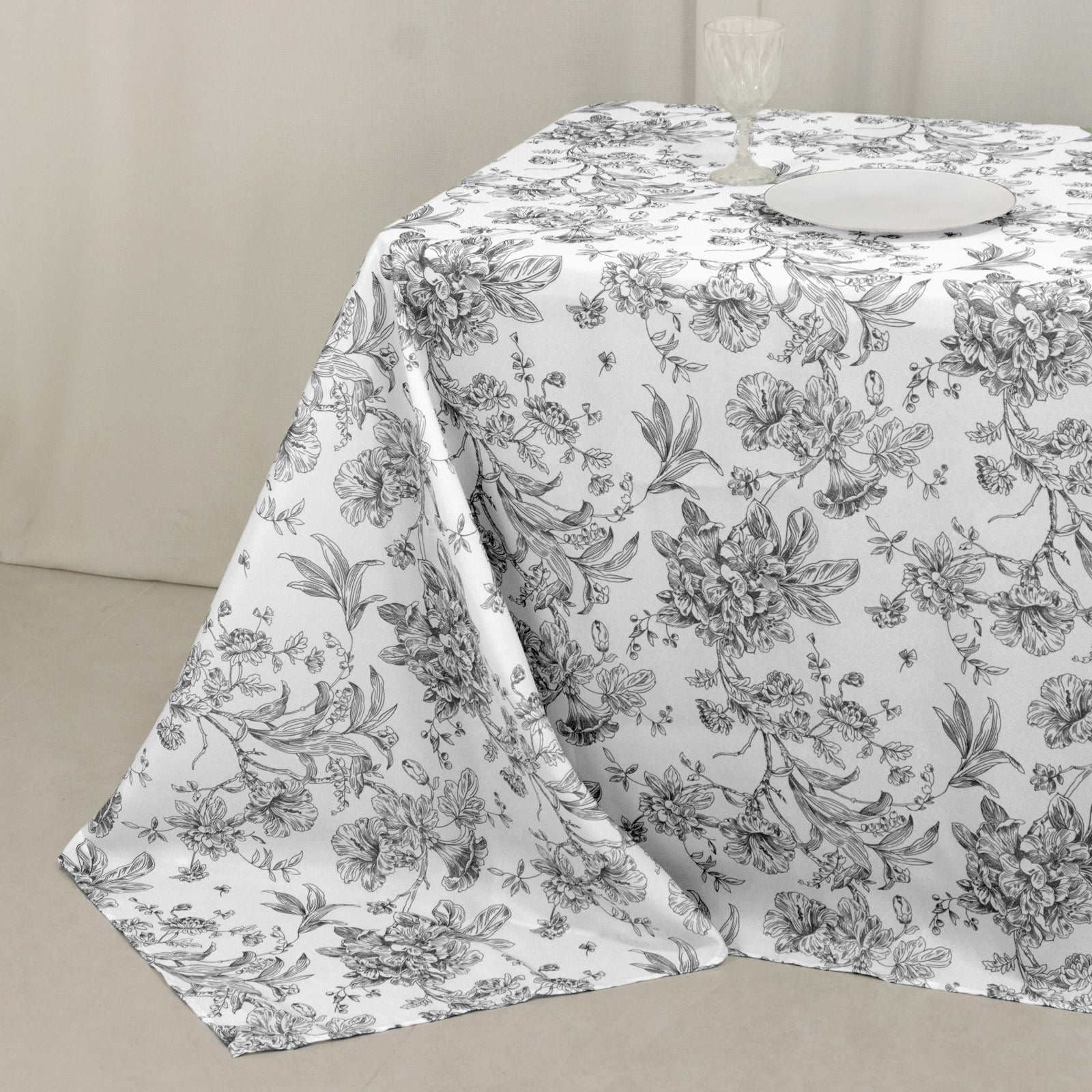 Polyester 90"x156" Rectangle Tablecloth White - Seamless Black French Toile Pattern for Grand Occasions - Bell Racket Store