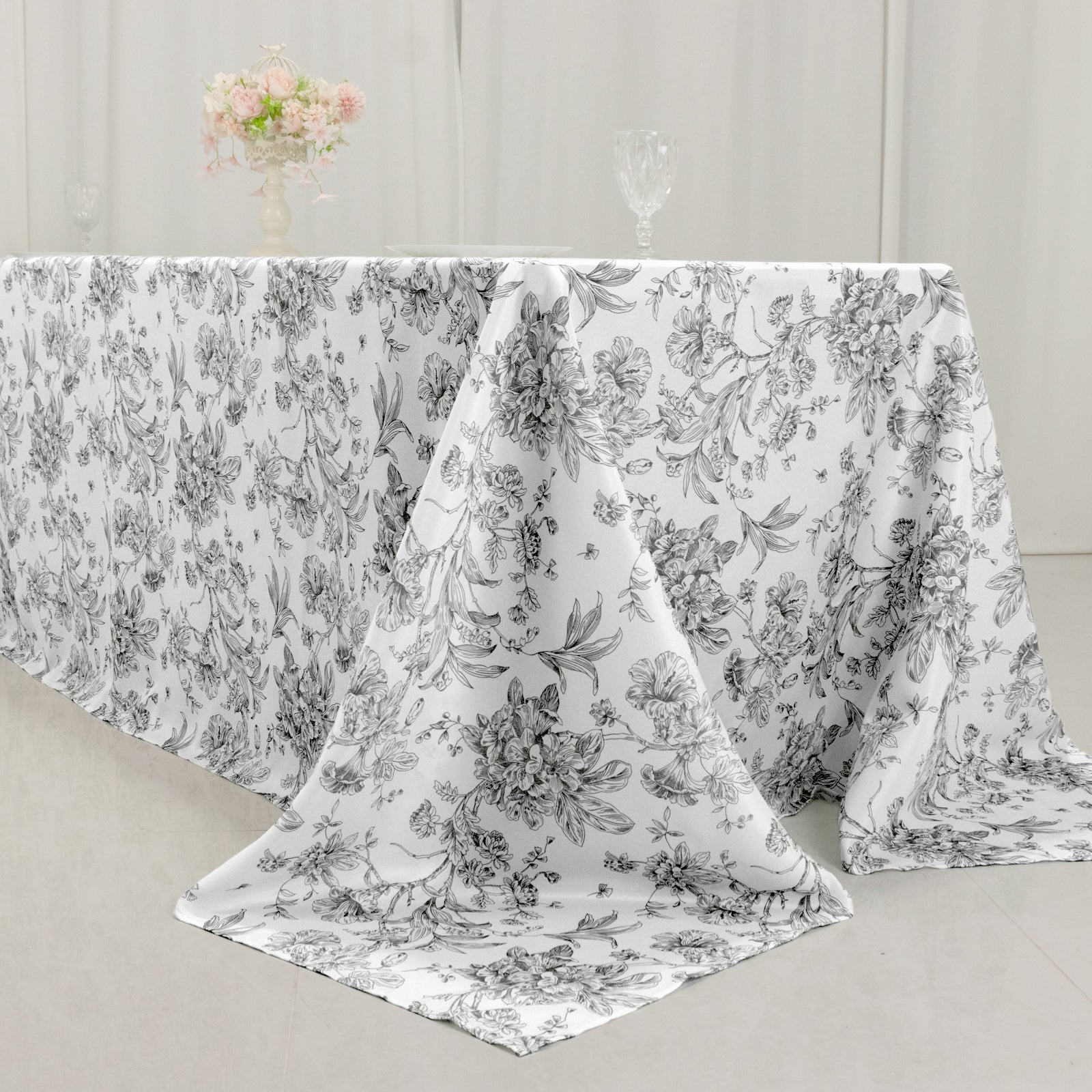 Polyester 90"x156" Rectangle Tablecloth White - Seamless Black French Toile Pattern for Grand Occasions - Bell Racket Store