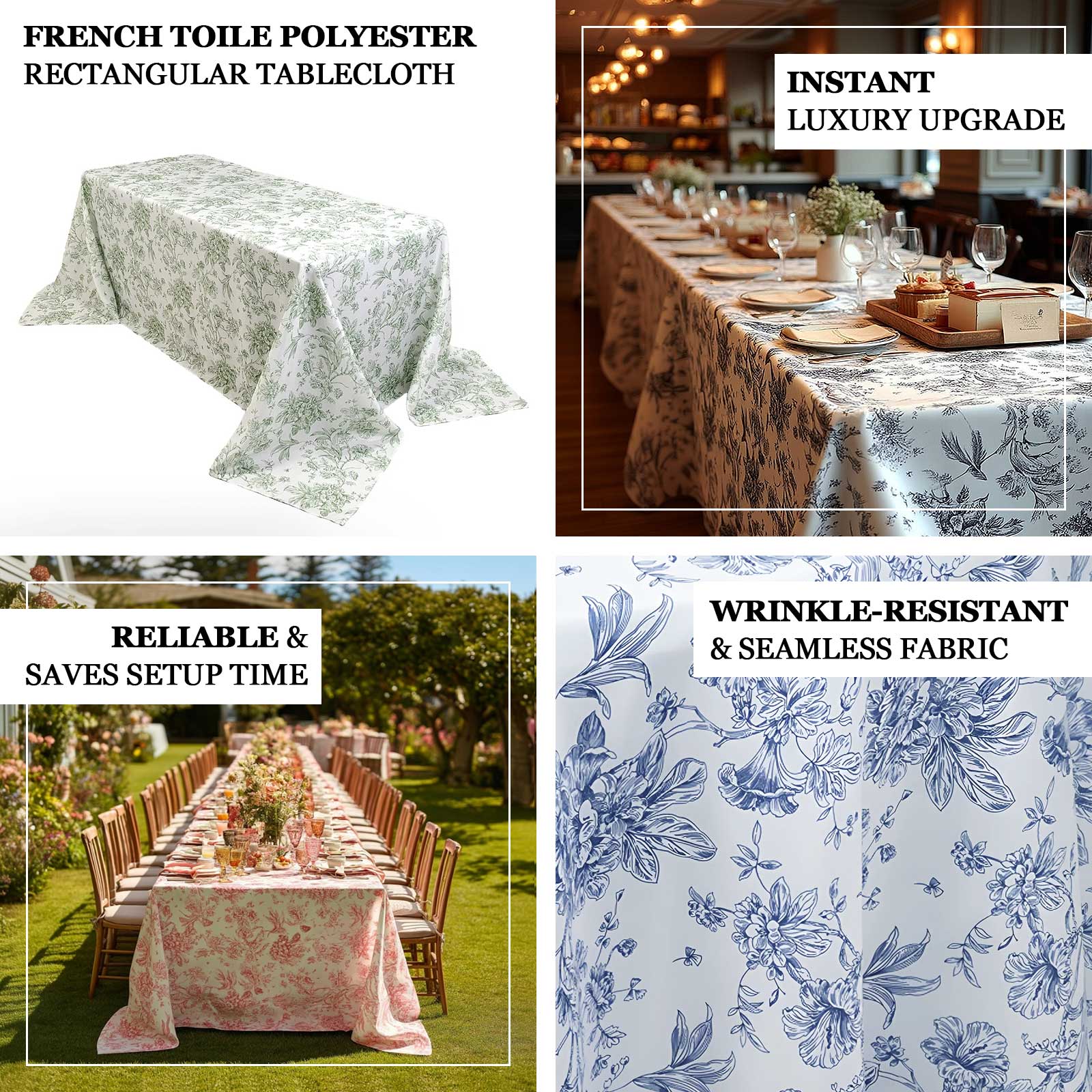 Polyester 90"x156" Rectangle Tablecloth White - Seamless Black French Toile Pattern for Grand Occasions - Bell Racket Store