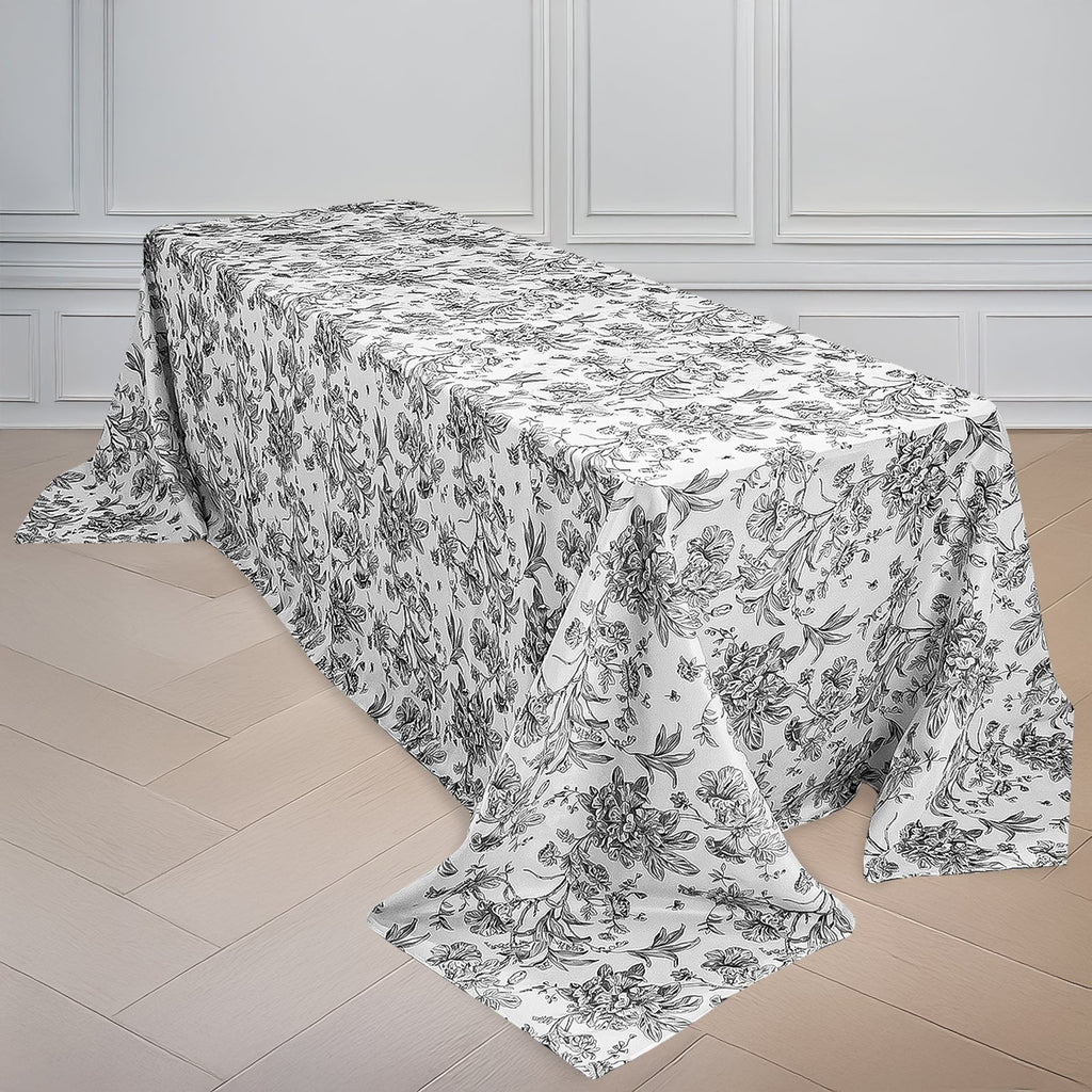 Polyester 90"x156" Rectangle Tablecloth White - Seamless Black French Toile Pattern for Grand Occasions - Bell Racket Store