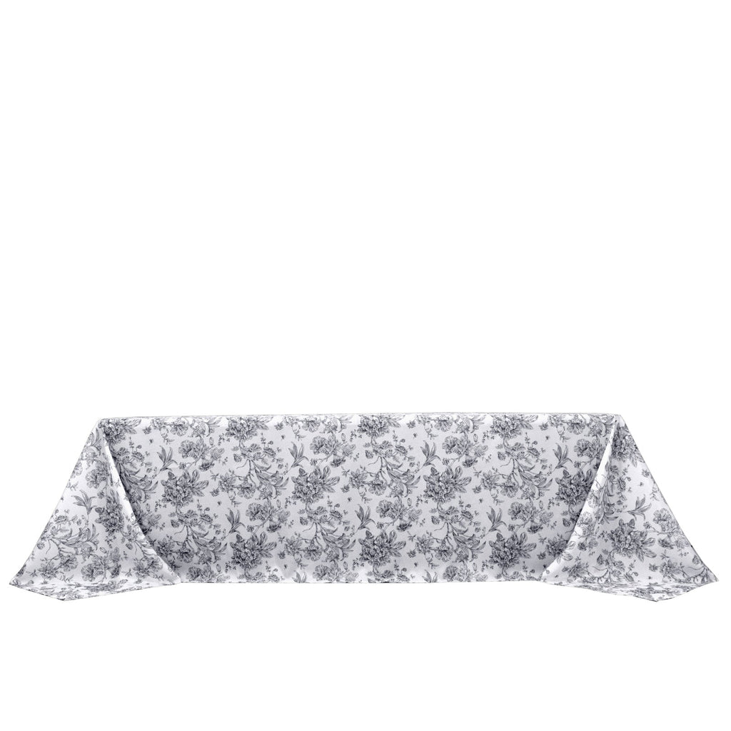 Polyester 90"x156" Rectangle Tablecloth White - Seamless Black French Toile Pattern for Grand Occasions - Bell Racket Store