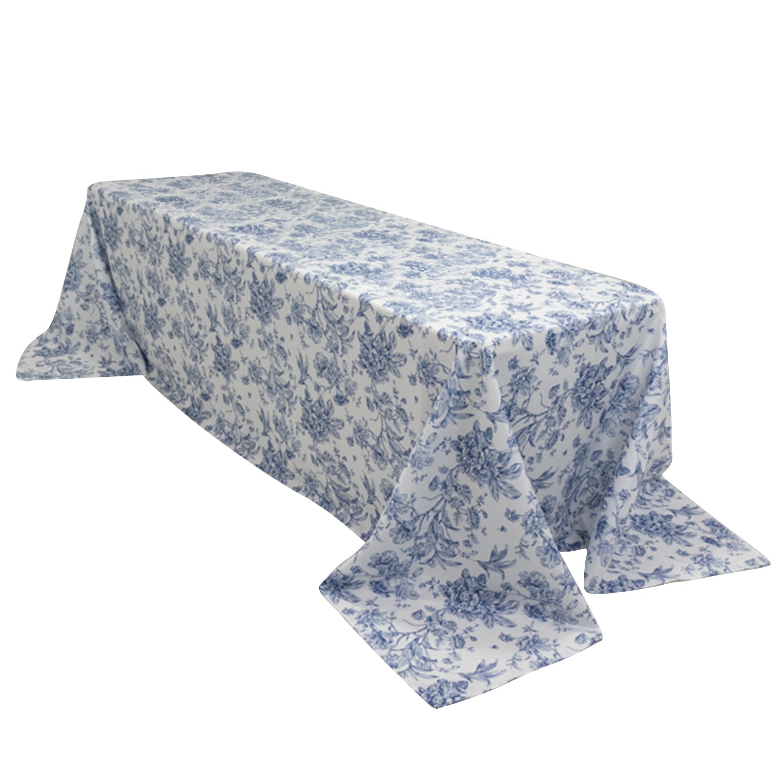 Polyester 90"x156" Rectangle Tablecloth White - Seamless Blue French Toile Pattern for Chic Weddings - Bell Racket Store