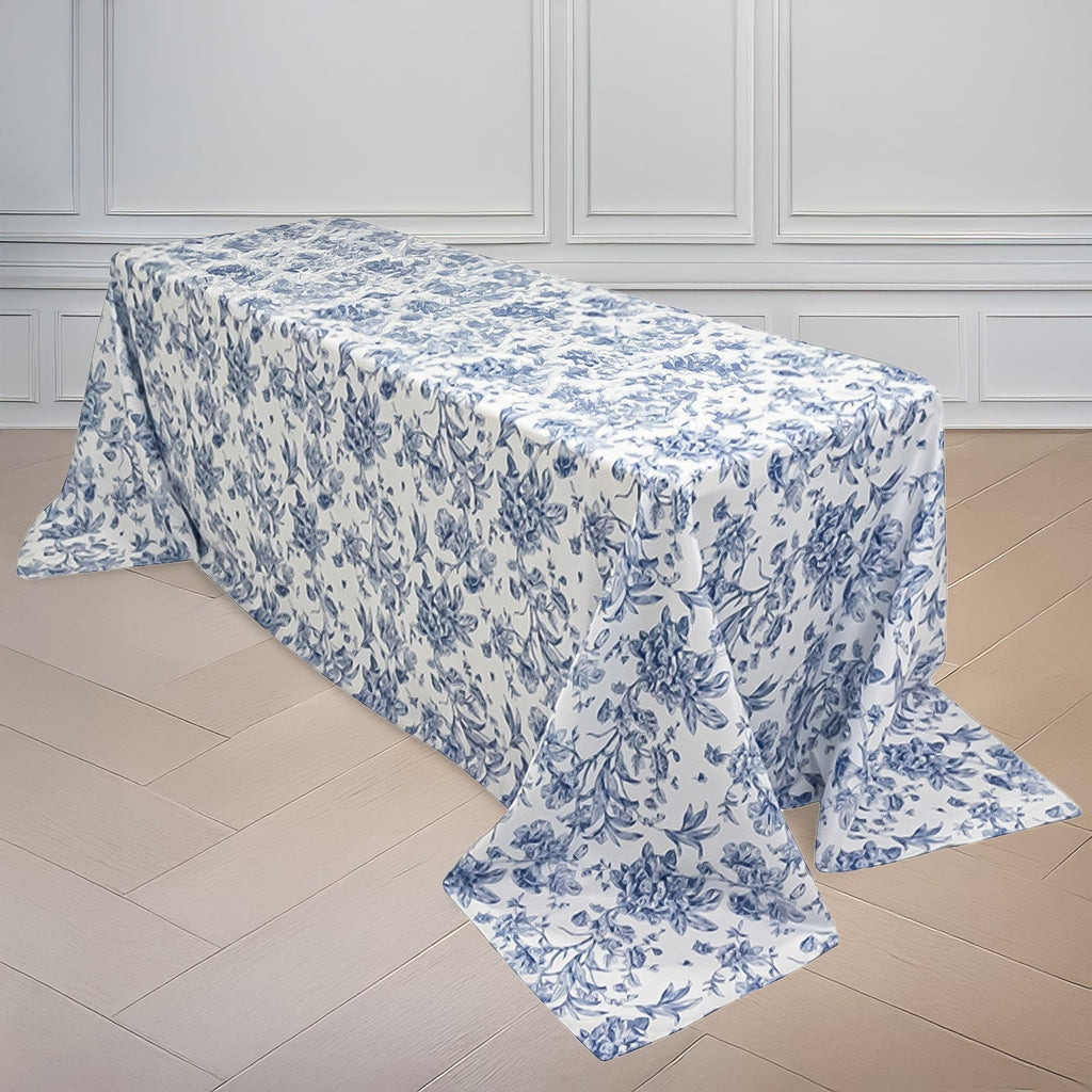 Polyester 90"x156" Rectangle Tablecloth White - Seamless Blue French Toile Pattern for Chic Weddings - Bell Racket Store