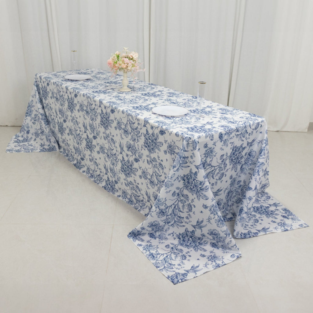 Polyester 90"x156" Rectangle Tablecloth White - Seamless Blue French Toile Pattern for Chic Weddings - Bell Racket Store