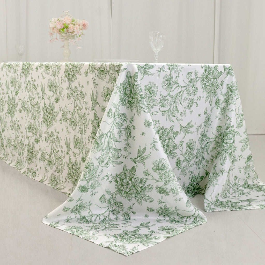 Polyester 90"x156" Rectangle Tablecloth White - Seamless Dusty Sage Green French Toile Pattern for Grand Occasions - Bell Racket Store