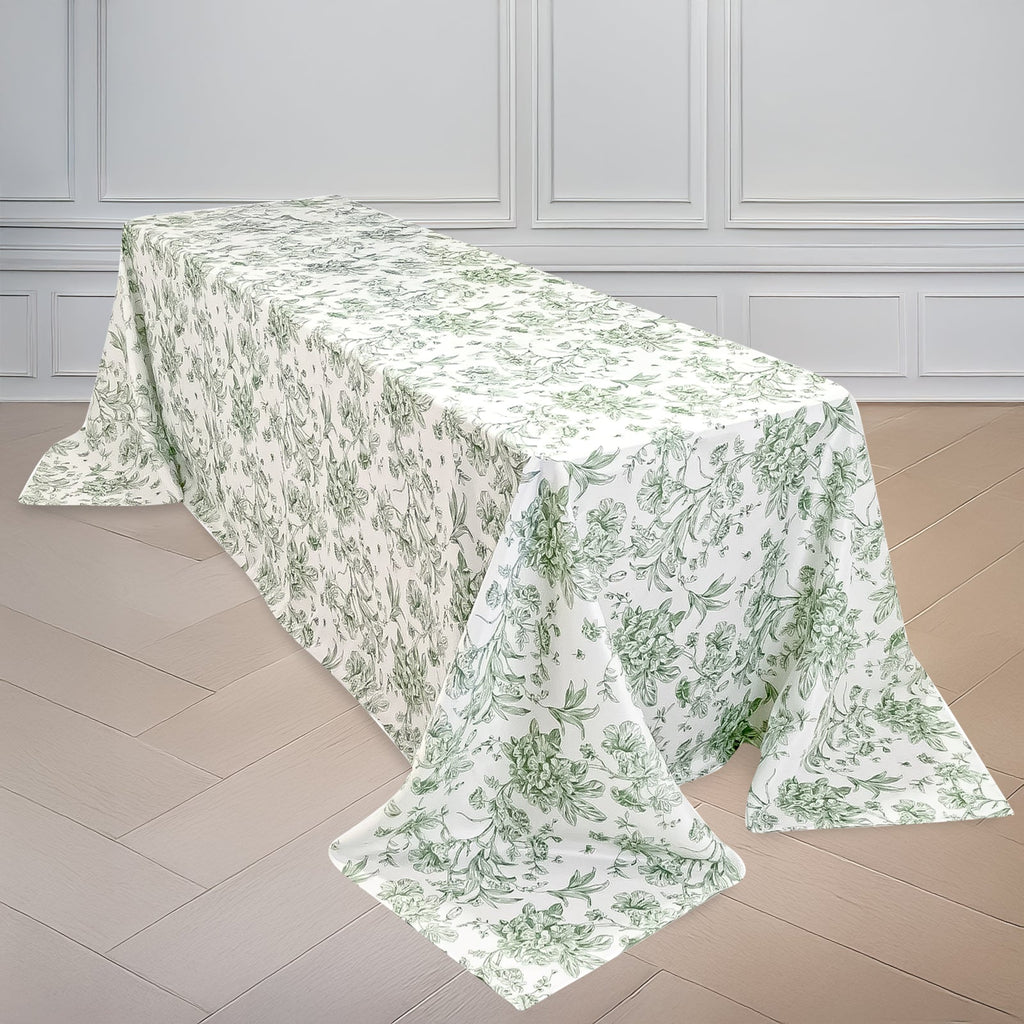 Polyester 90"x156" Rectangle Tablecloth White - Seamless Dusty Sage Green French Toile Pattern for Grand Occasions - Bell Racket Store