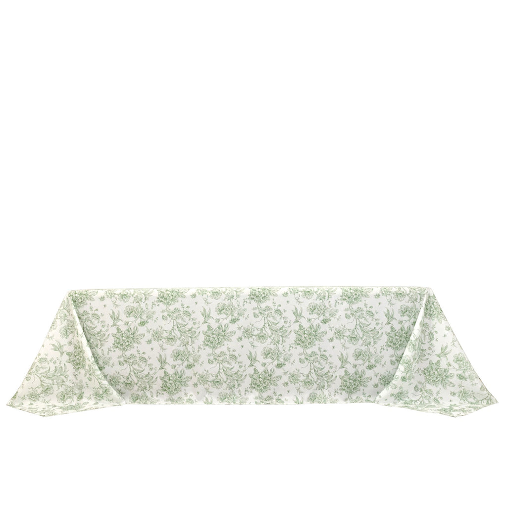 Polyester 90"x156" Rectangle Tablecloth White - Seamless Dusty Sage Green French Toile Pattern for Grand Occasions - Bell Racket Store