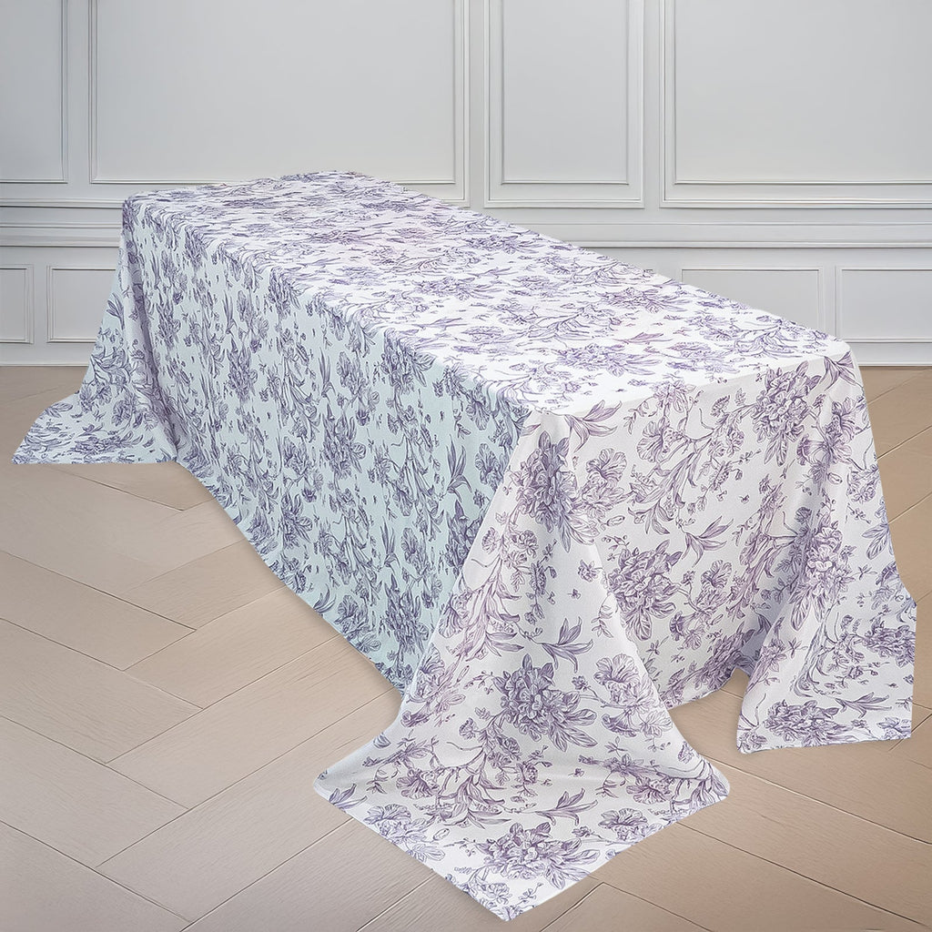 Polyester 90"x156" Rectangle Tablecloth White - Seamless Lavender Lilac French Toile Pattern for Grand Occasions - Bell Racket Store