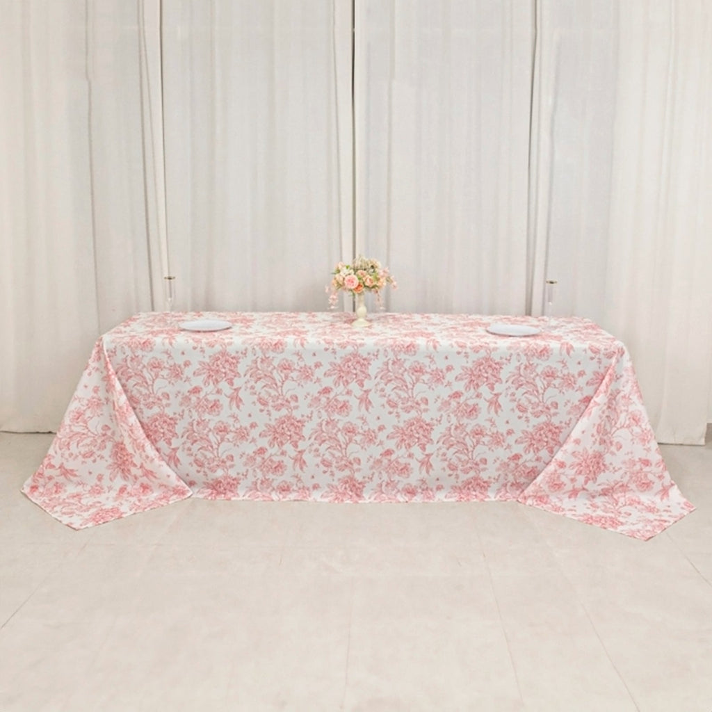 Polyester 90"x156" Rectangle Tablecloth White - Seamless Pink French Toile Pattern for Grand Occasions - Bell Racket Store