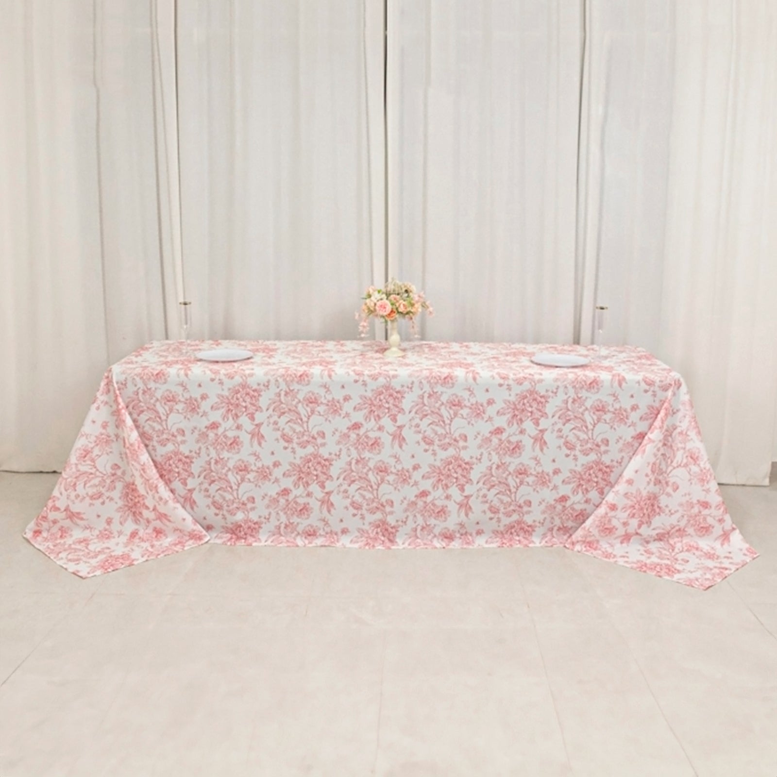 Polyester 90"x156" Rectangle Tablecloth White - Seamless Pink French Toile Pattern for Grand Occasions - Bell Racket Store