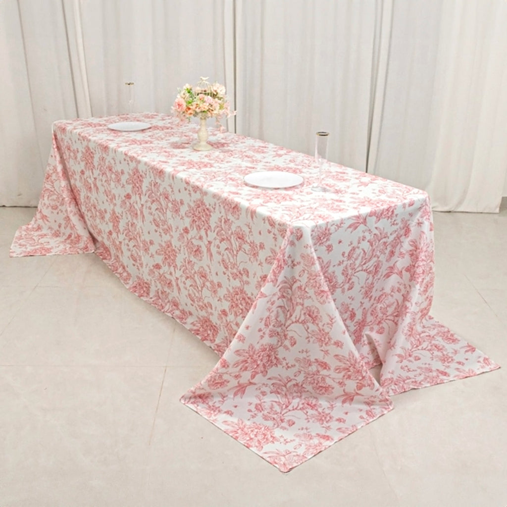 Polyester 90"x156" Rectangle Tablecloth White - Seamless Pink French Toile Pattern for Grand Occasions - Bell Racket Store
