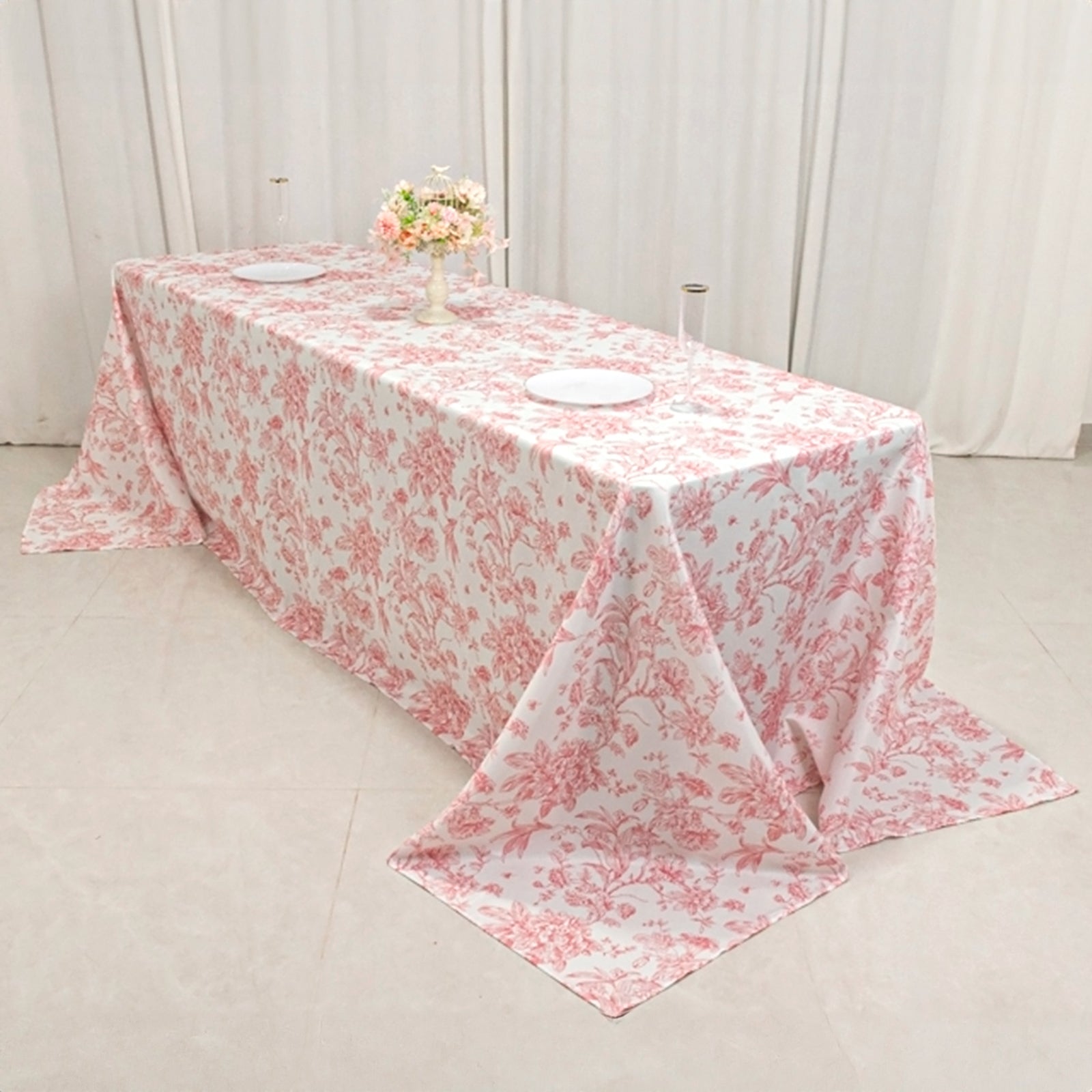 Polyester 90"x156" Rectangle Tablecloth White - Seamless Pink French Toile Pattern for Grand Occasions - Bell Racket Store