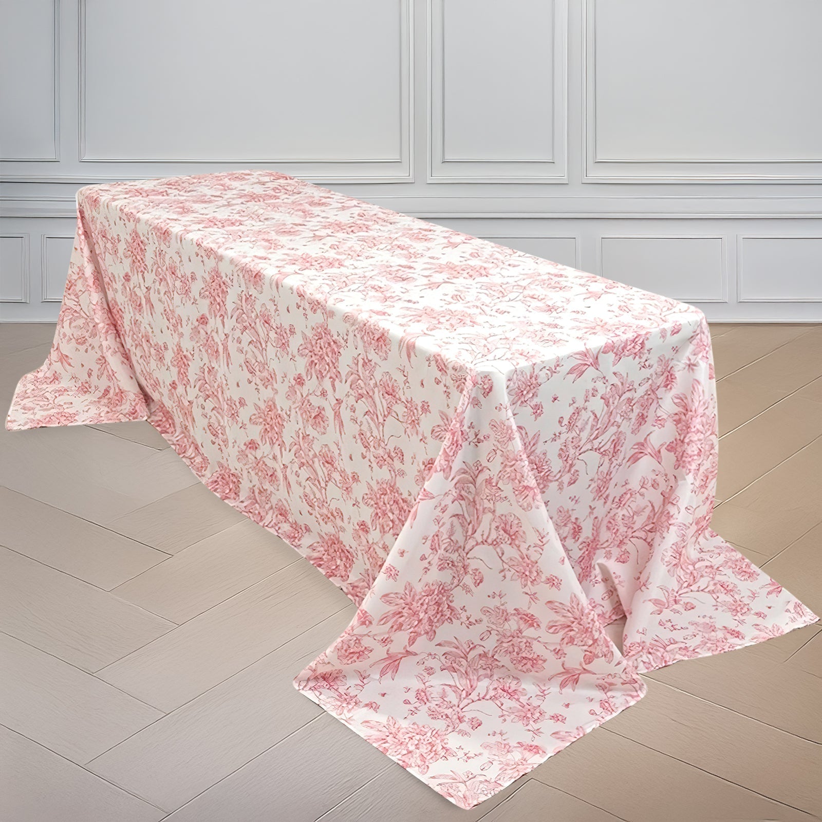 Polyester 90"x156" Rectangle Tablecloth White - Seamless Pink French Toile Pattern for Grand Occasions - Bell Racket Store