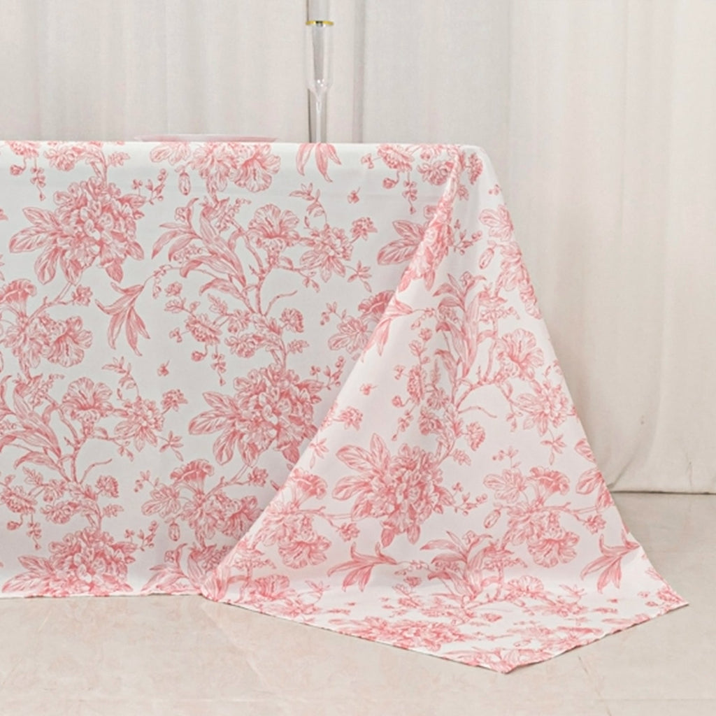 Polyester 90"x156" Rectangle Tablecloth White - Seamless Pink French Toile Pattern for Grand Occasions - Bell Racket Store