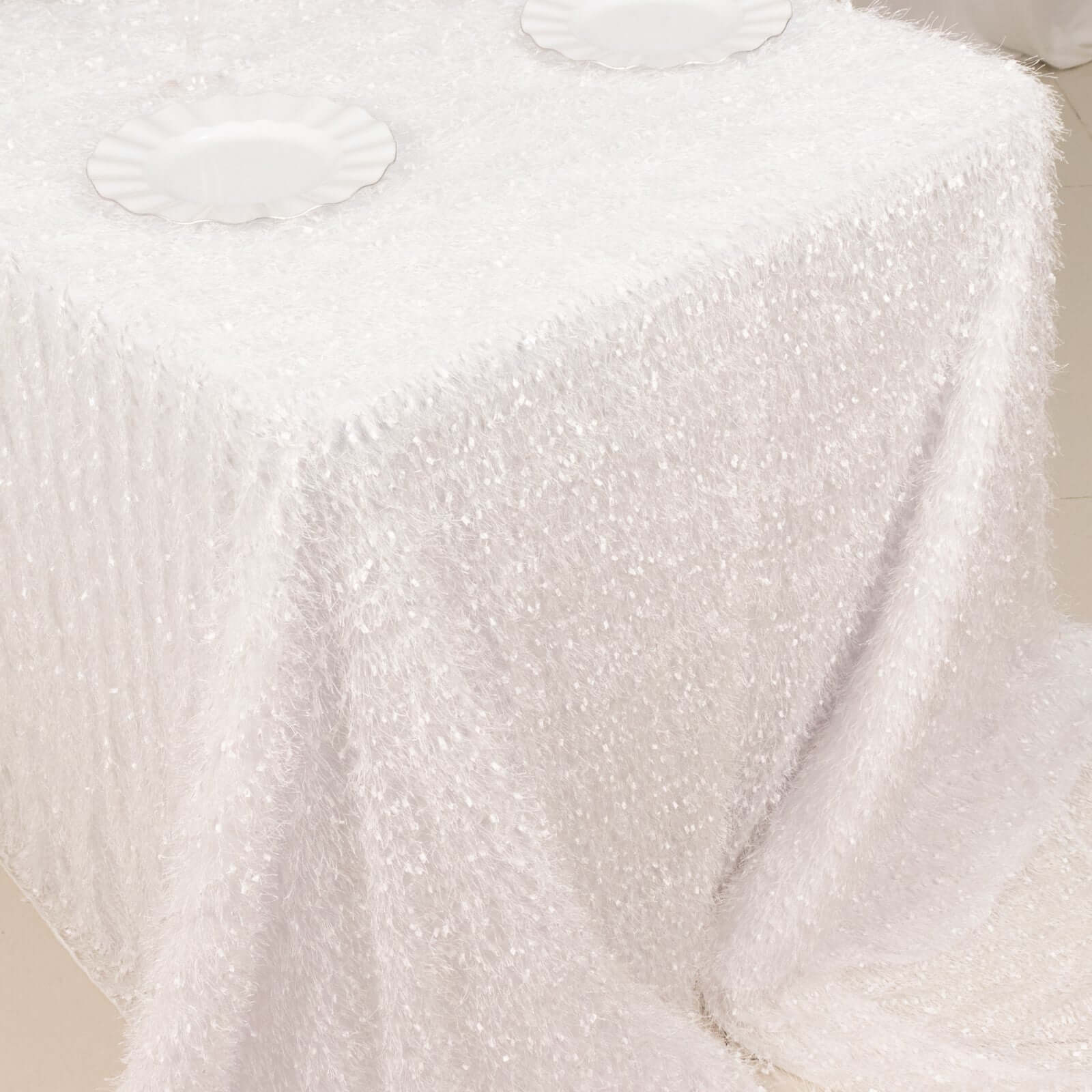 Polyester 90"x156" Rectangle Tablecloth White with Shaggy Fringe Design - Stylish Table Cover - Bell Racket Store