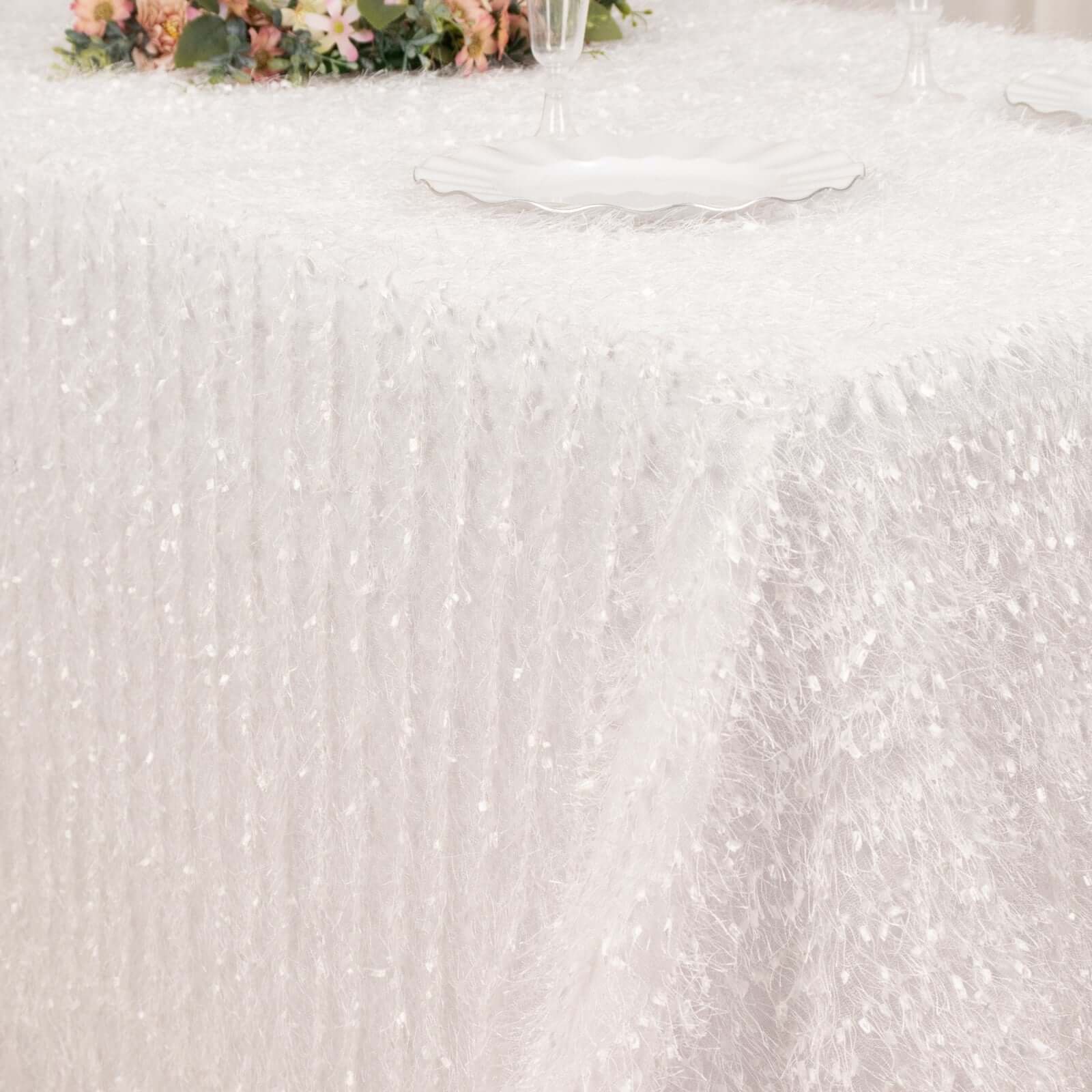 Polyester 90"x156" Rectangle Tablecloth White with Shaggy Fringe Design - Stylish Table Cover - Bell Racket Store