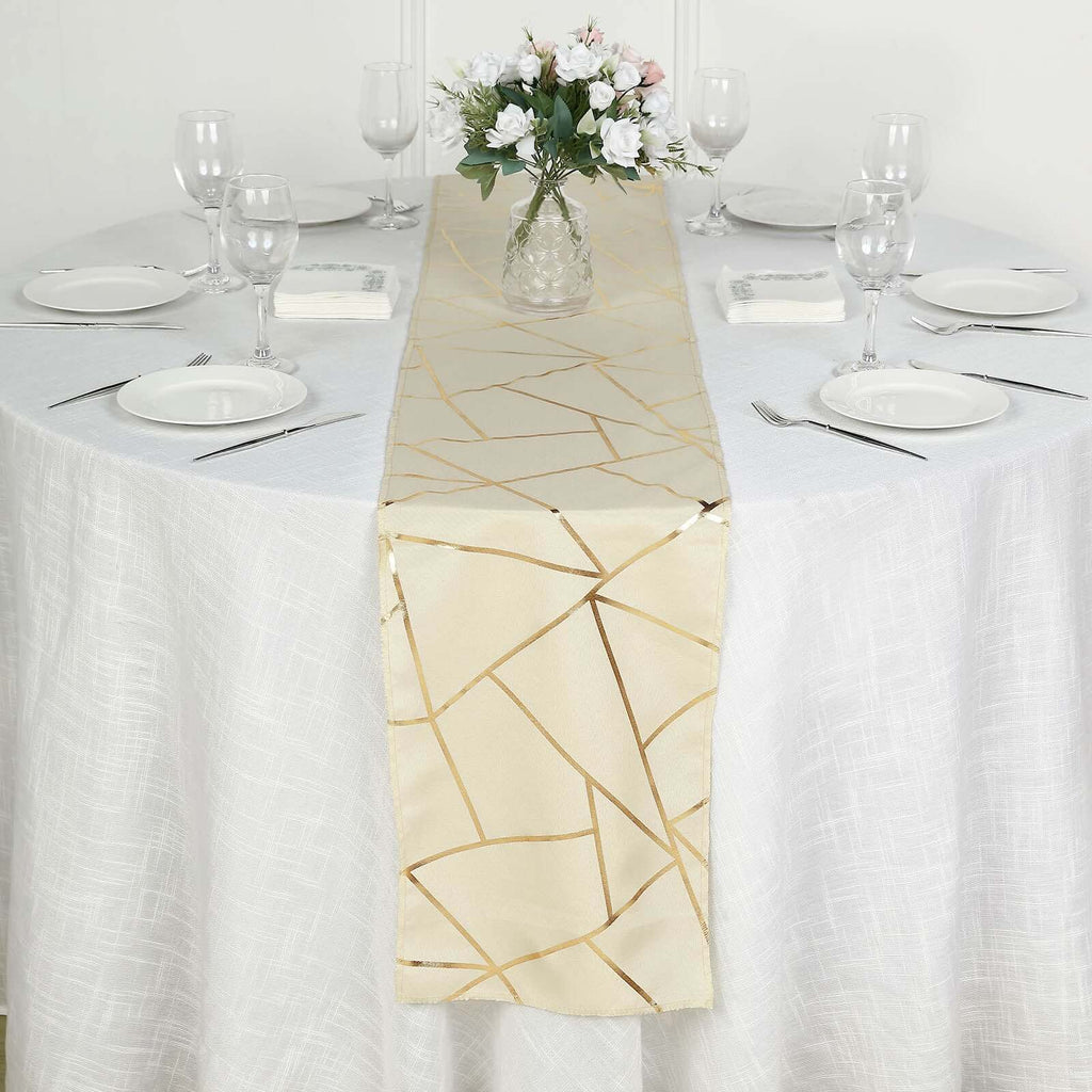 Polyester 9ft Table Runner Beige with Gold Foil Modern Geometric Accent