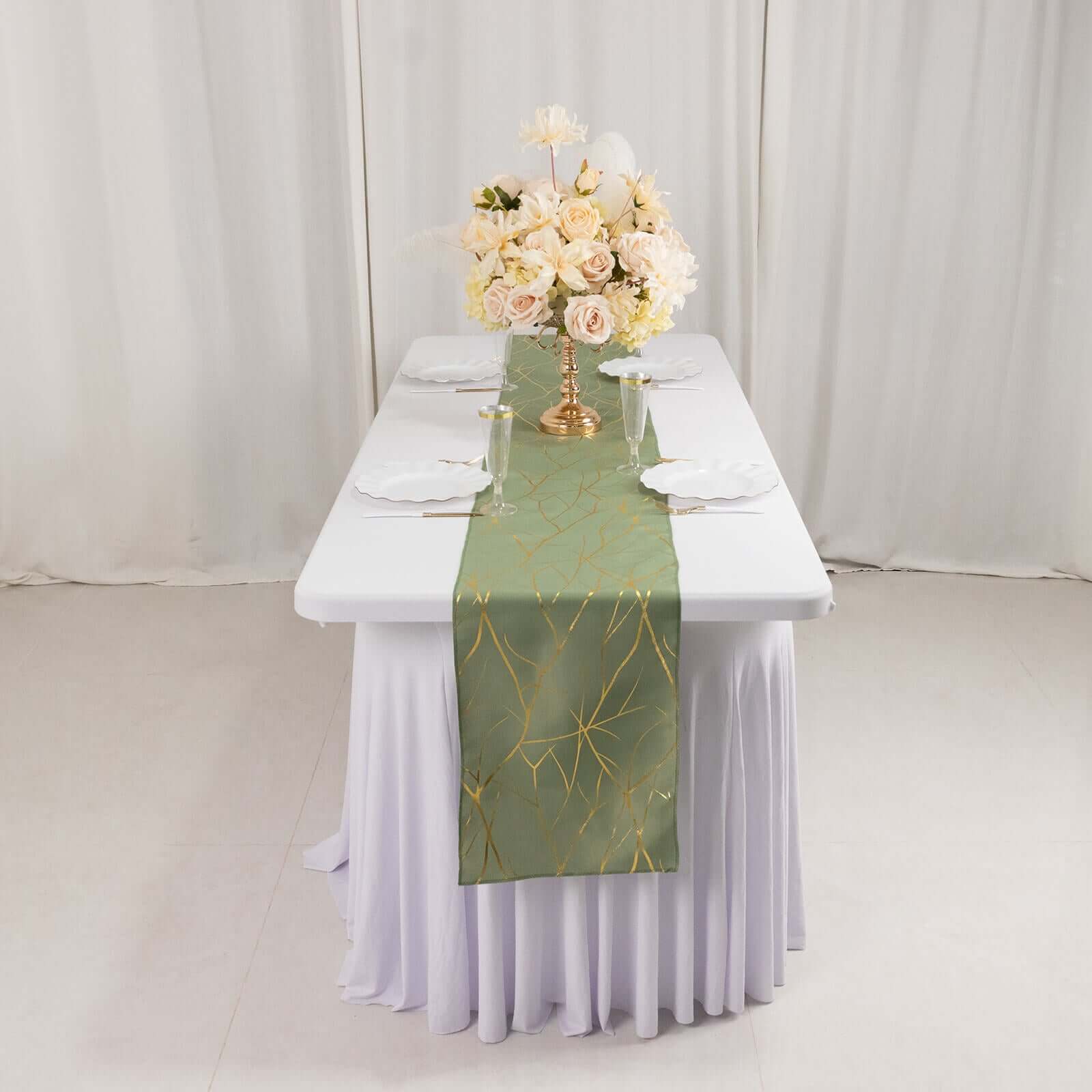 Polyester 9ft Table Runner Dusty Sage Green with Gold Foil Tree Branch Pattern - Stylish Table Linen - Bell Racket Store