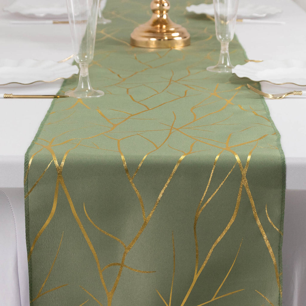 Polyester 9ft Table Runner Dusty Sage Green with Gold Foil Tree Branch Pattern - Stylish Table Linen - Bell Racket Store