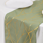 Polyester 9ft Table Runner Dusty Sage Green with Gold Foil Tree Branch Pattern - Stylish Table Linen - Bell Racket Store
