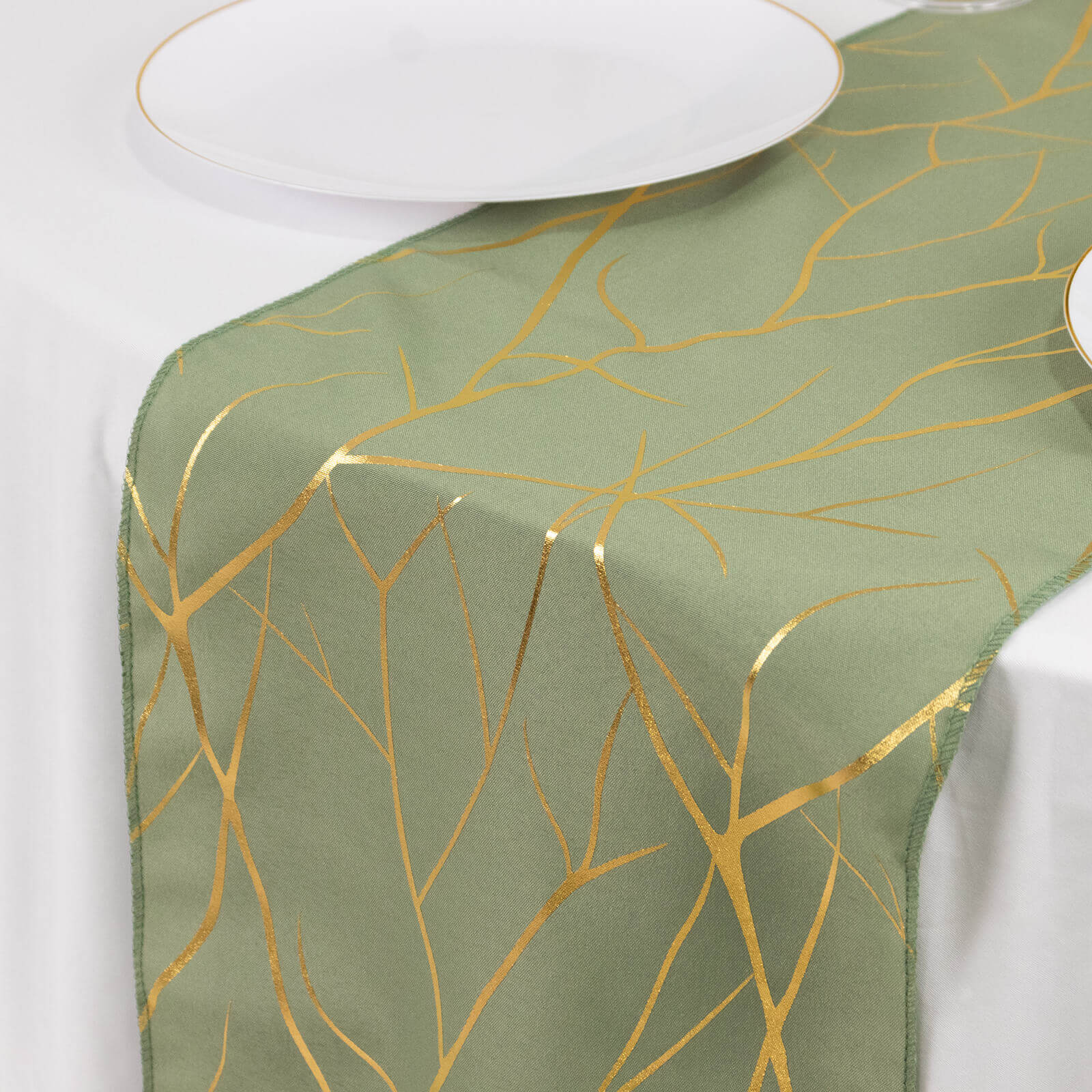 Polyester 9ft Table Runner Dusty Sage Green with Gold Foil Tree Branch Pattern - Stylish Table Linen - Bell Racket Store