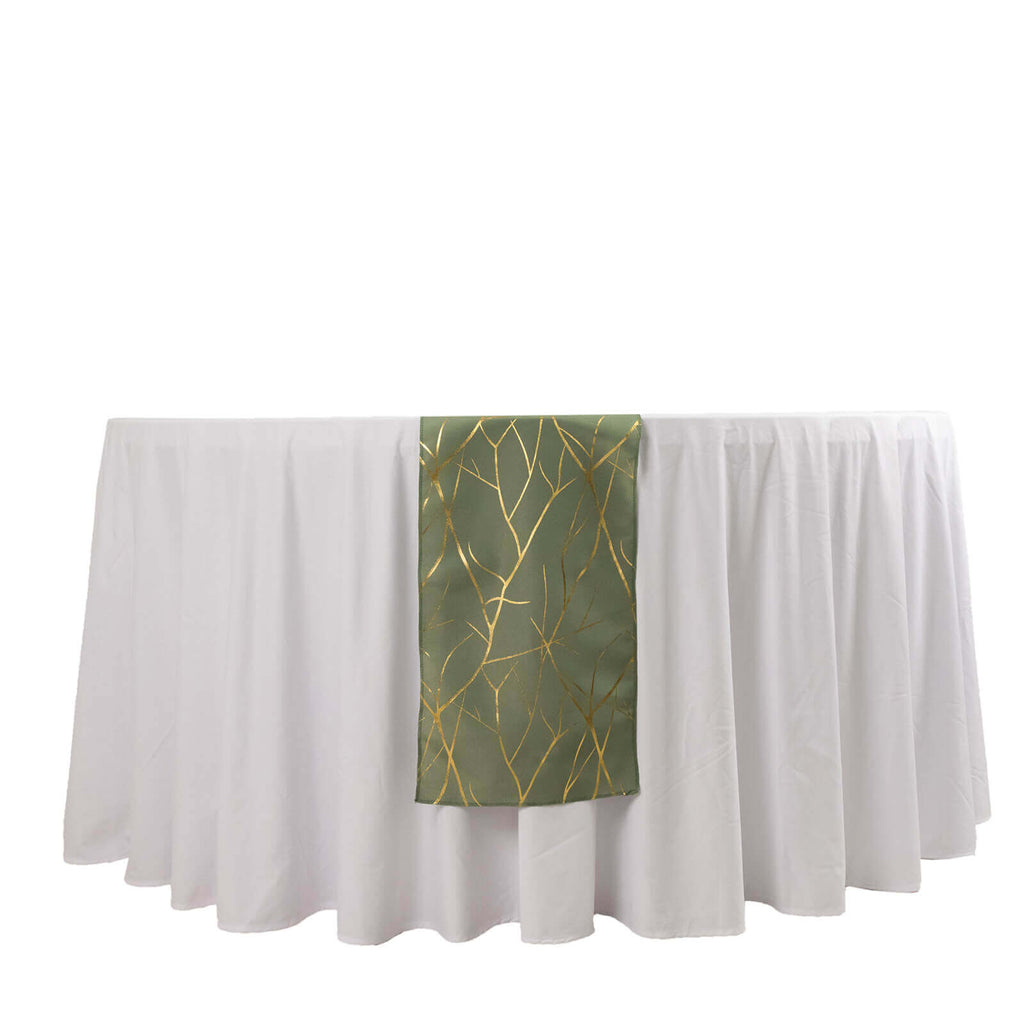 Polyester 9ft Table Runner Dusty Sage Green with Gold Foil Tree Branch Pattern - Stylish Table Linen - Bell Racket Store