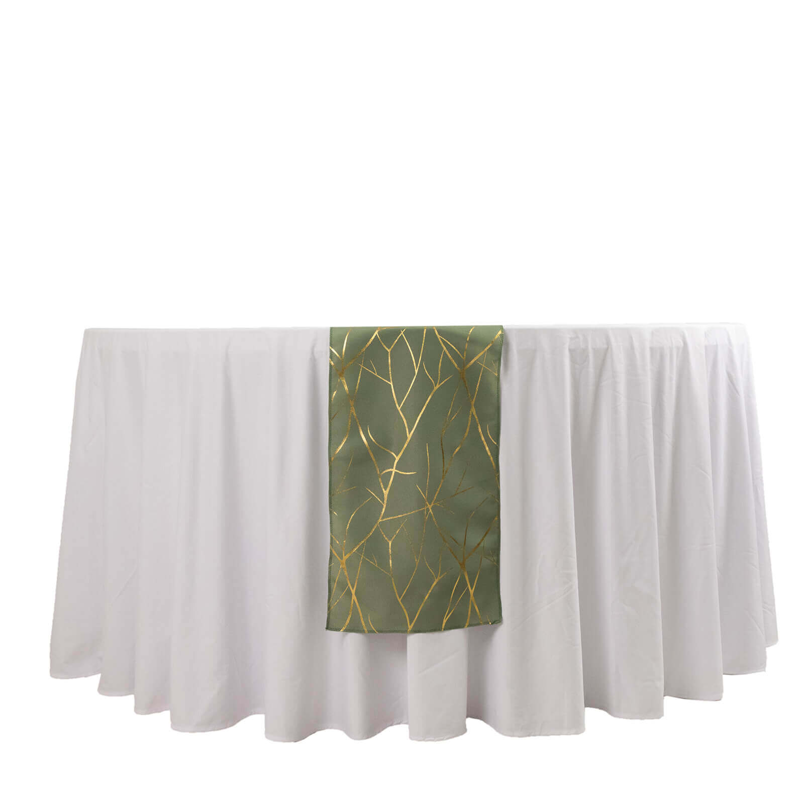 Polyester 9ft Table Runner Dusty Sage Green with Gold Foil Tree Branch Pattern - Stylish Table Linen - Bell Racket Store